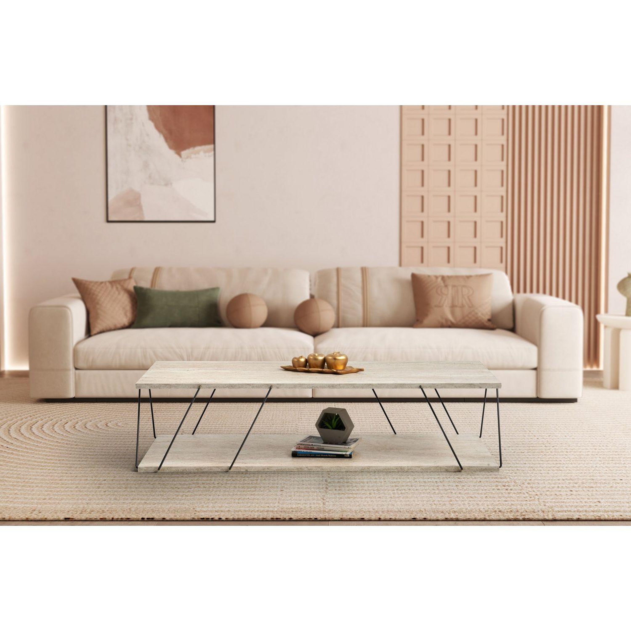 Voir la diapositive 2 : TOILINUX Table basse contemporaine effet travertin - beige
