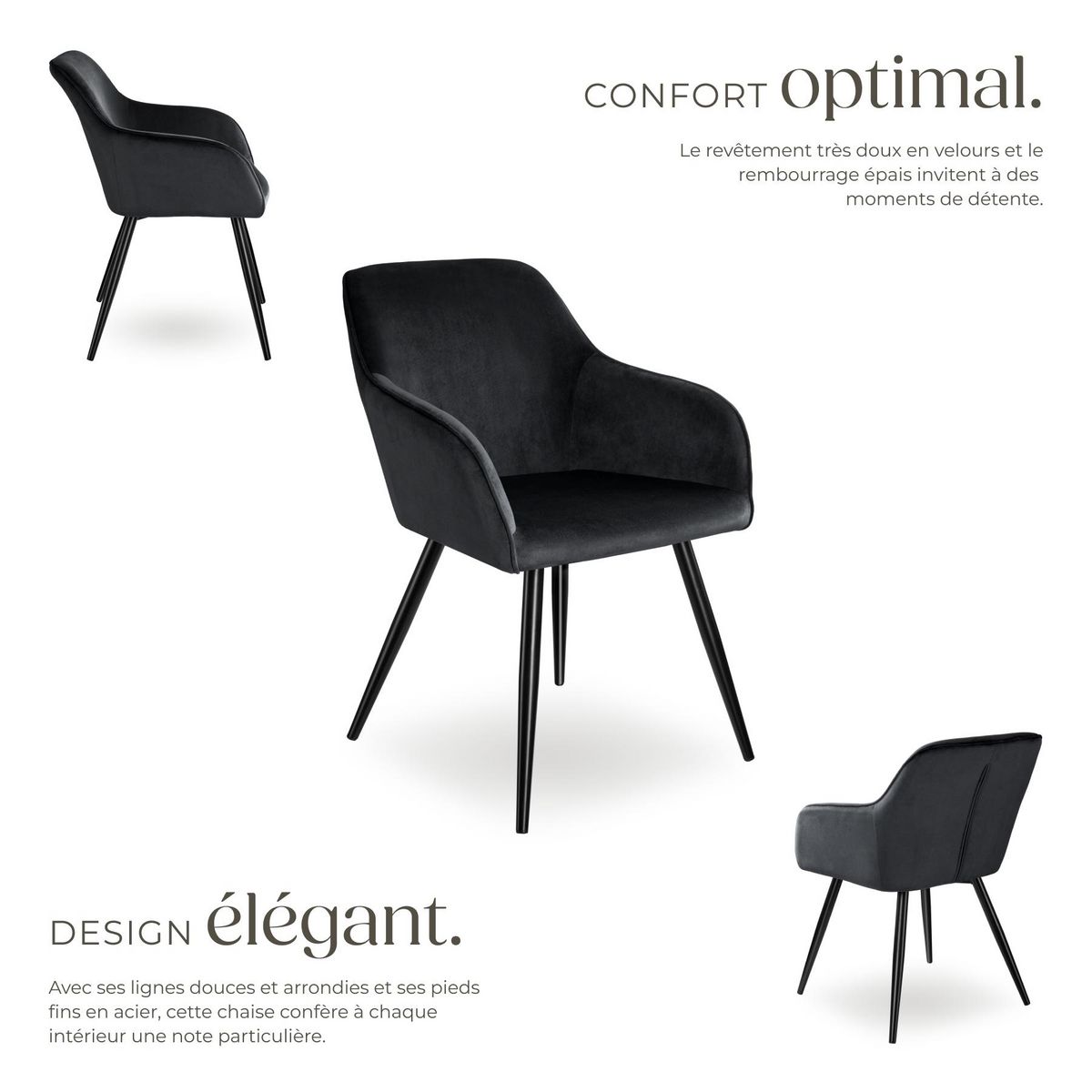 tectake Chaise style scandinave rembourrée aspect velours noir Lot de 6