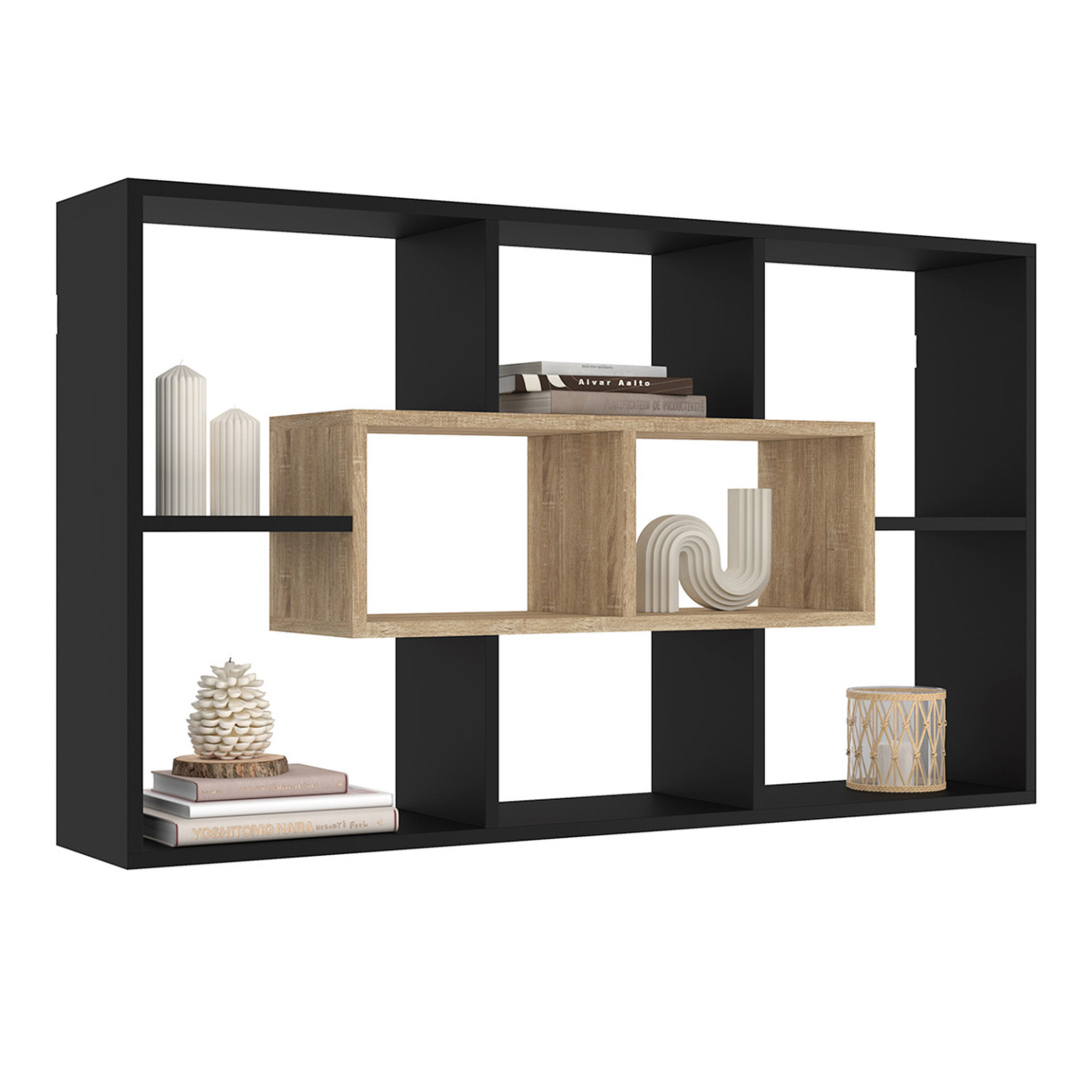 ID MARKET Etagère murale colette avec 8 compartiments noir et effet bois
