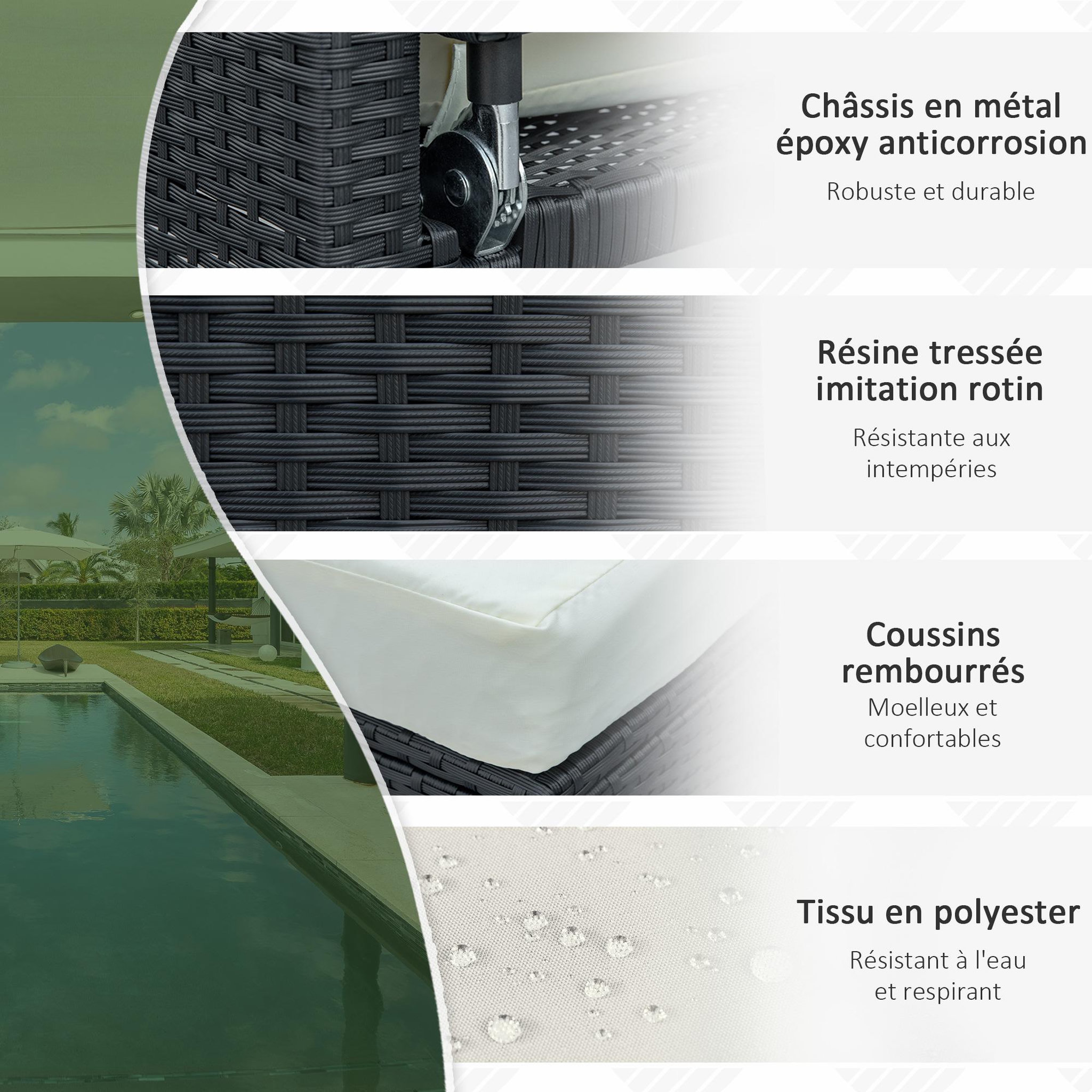 Voir la diapositive 4 : OUTSUNNY Ensemble de jardin 2 places : canapé dossier inclinable tablettes coffre matelas et coussins intégrées + repose-pieds résine tressée 4 fils noire polyester crème
