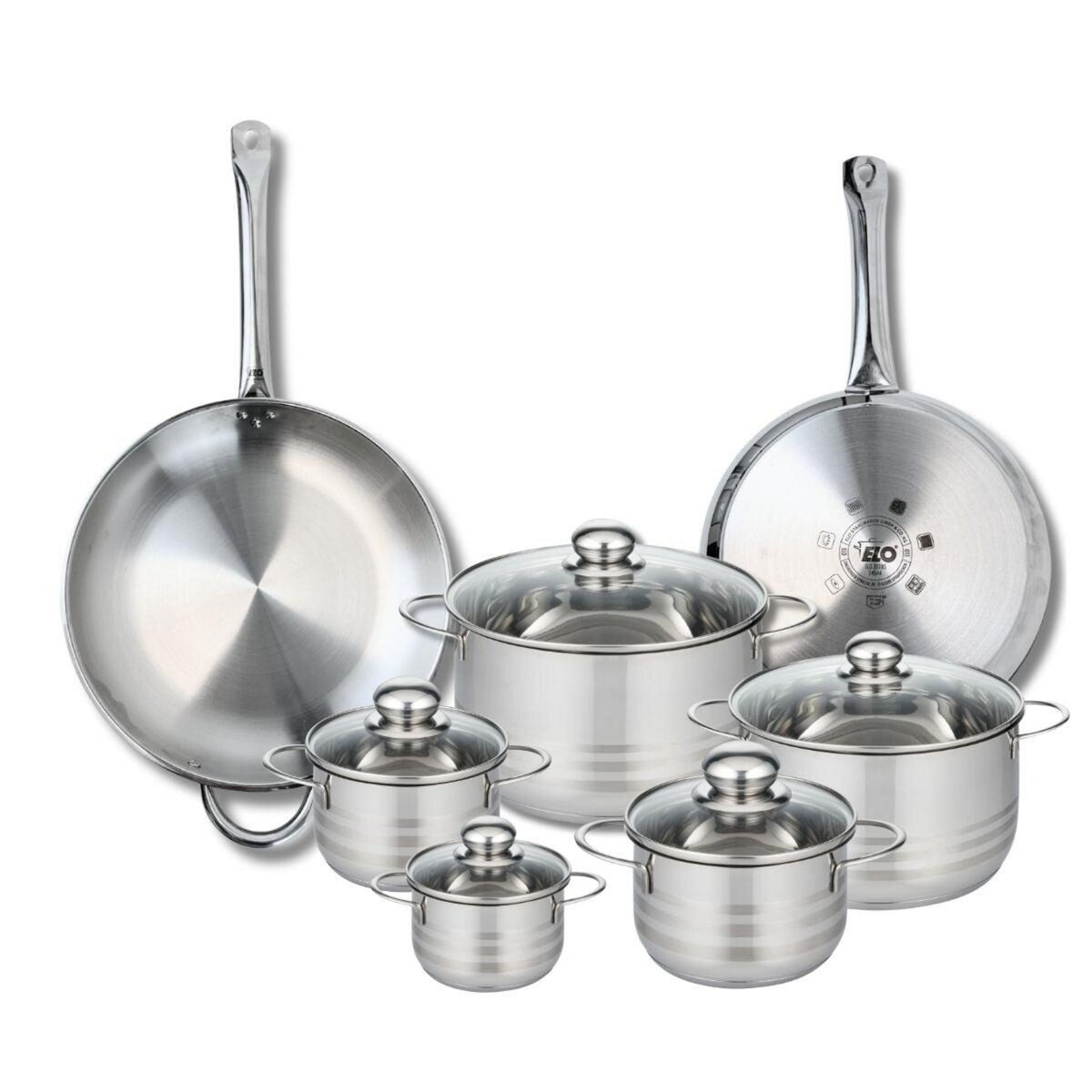 ELO Ensemble de 2 Poêles de cuisson 28 et 32 cm et 5 faitouts 12, 14, 16, 20 et 24 cm Elo Profi Brillant