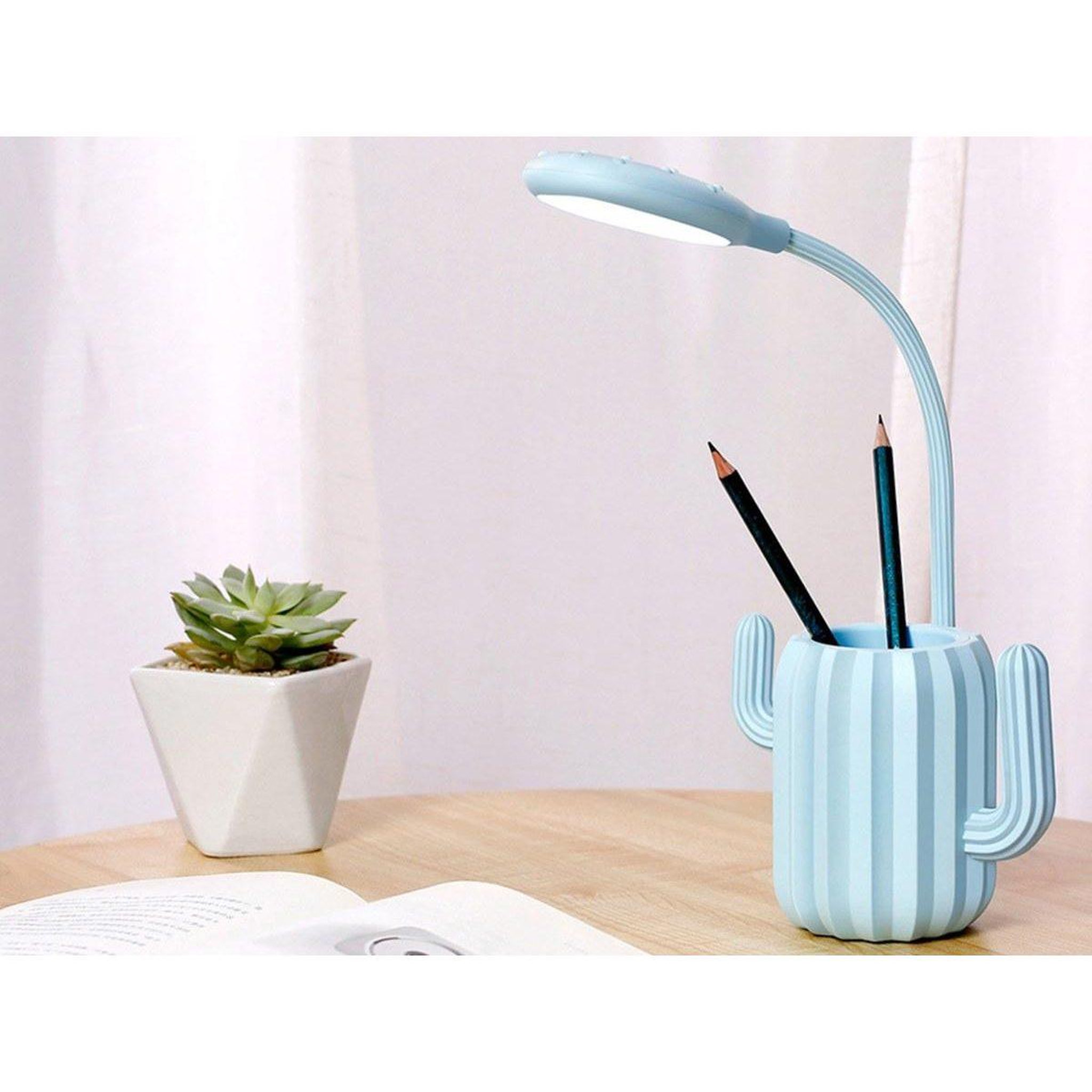 Voir la diapositive 3 : 1001JOUETS Pot à Crayons en Forme de Cactus - Lampe LED Flexible 360° - Éclairage 3 Intensités - Bleu