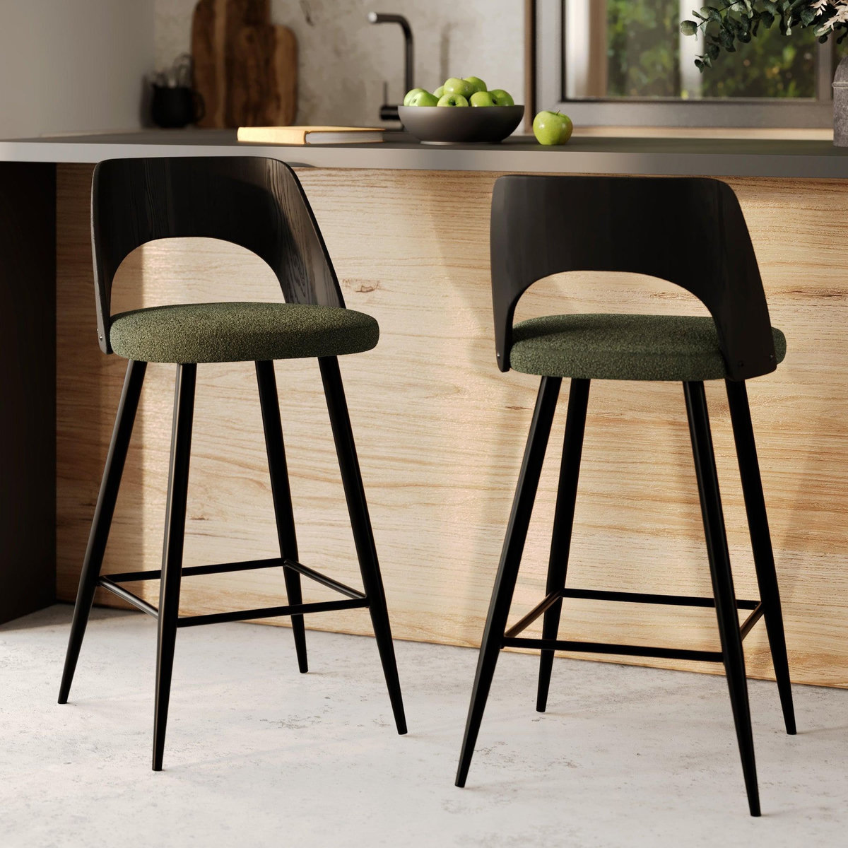 Rendez vous déco Lot de 2 chaises pour îlot central en tissu bouclé vert kaki 66 cm-Mindy