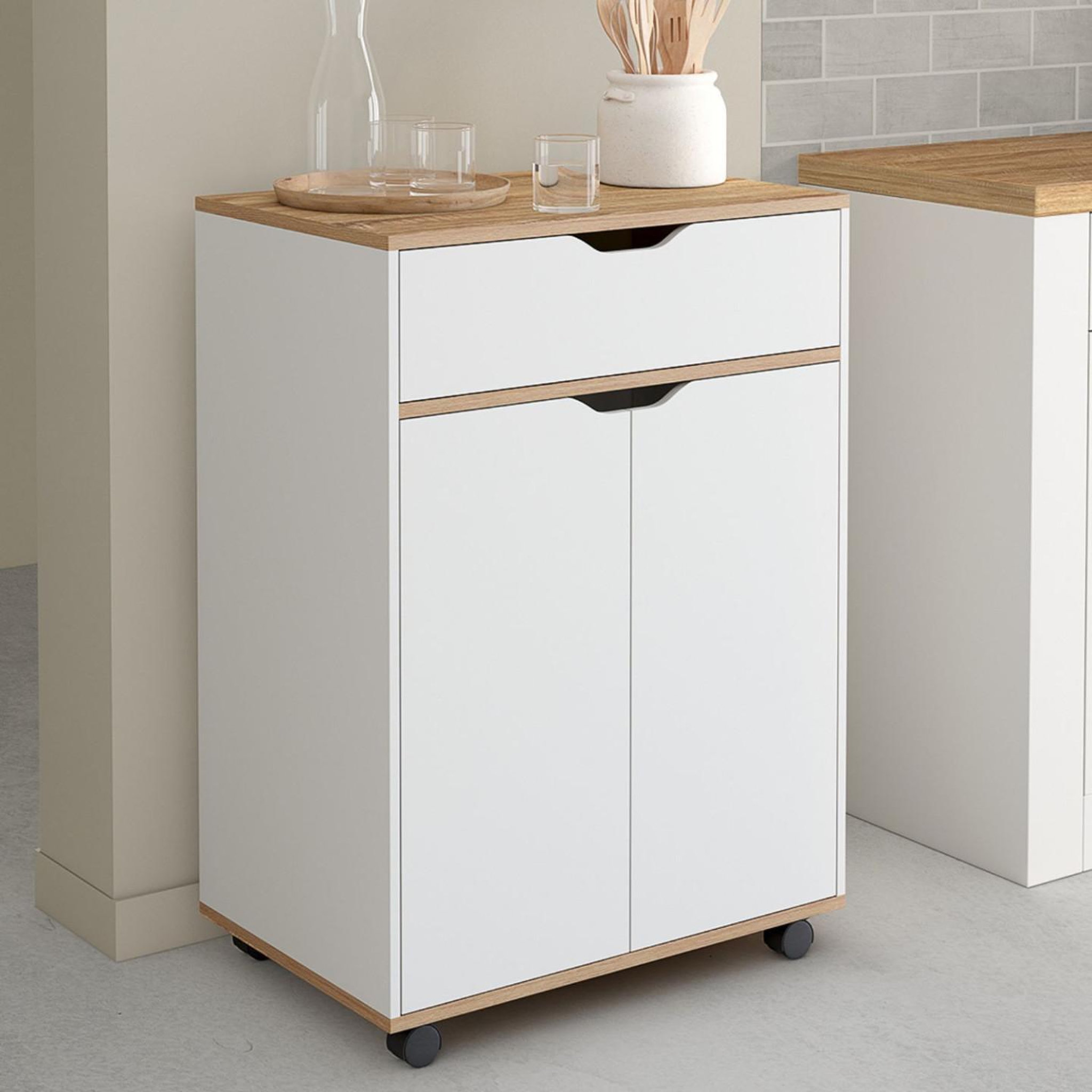 Voir la diapositive 2 : ID MARKET Desserte de cuisine cosy placard avec tiroir bois blanc et plateaux façon hêtre l.60 cm