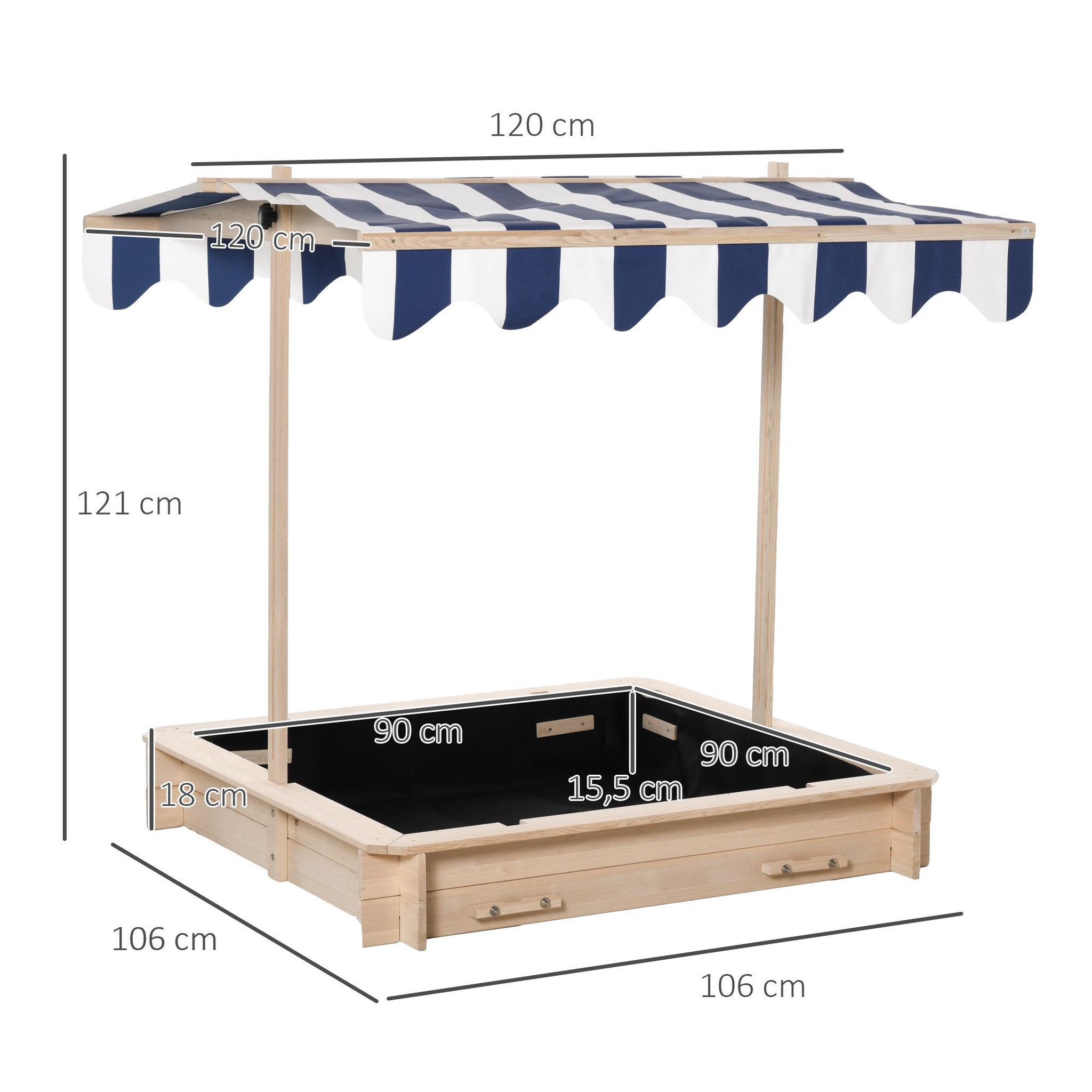 Voir la diapositive 3 : OUTSUNNY Bac à sable carré en bois pour enfant dim. 106L x 106l cm avec bancs et couvercle - auvent réglable