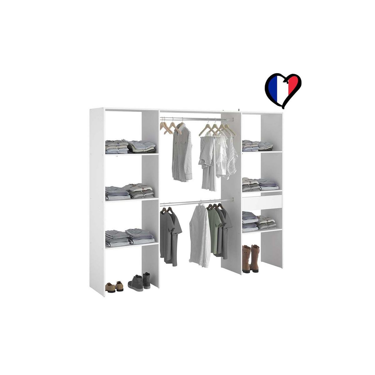 CONCEPT USINE Dressing blanc 6 étagères, 1 tiroir, 2 penderies 220 x 40 x 180 cm ELYSEE