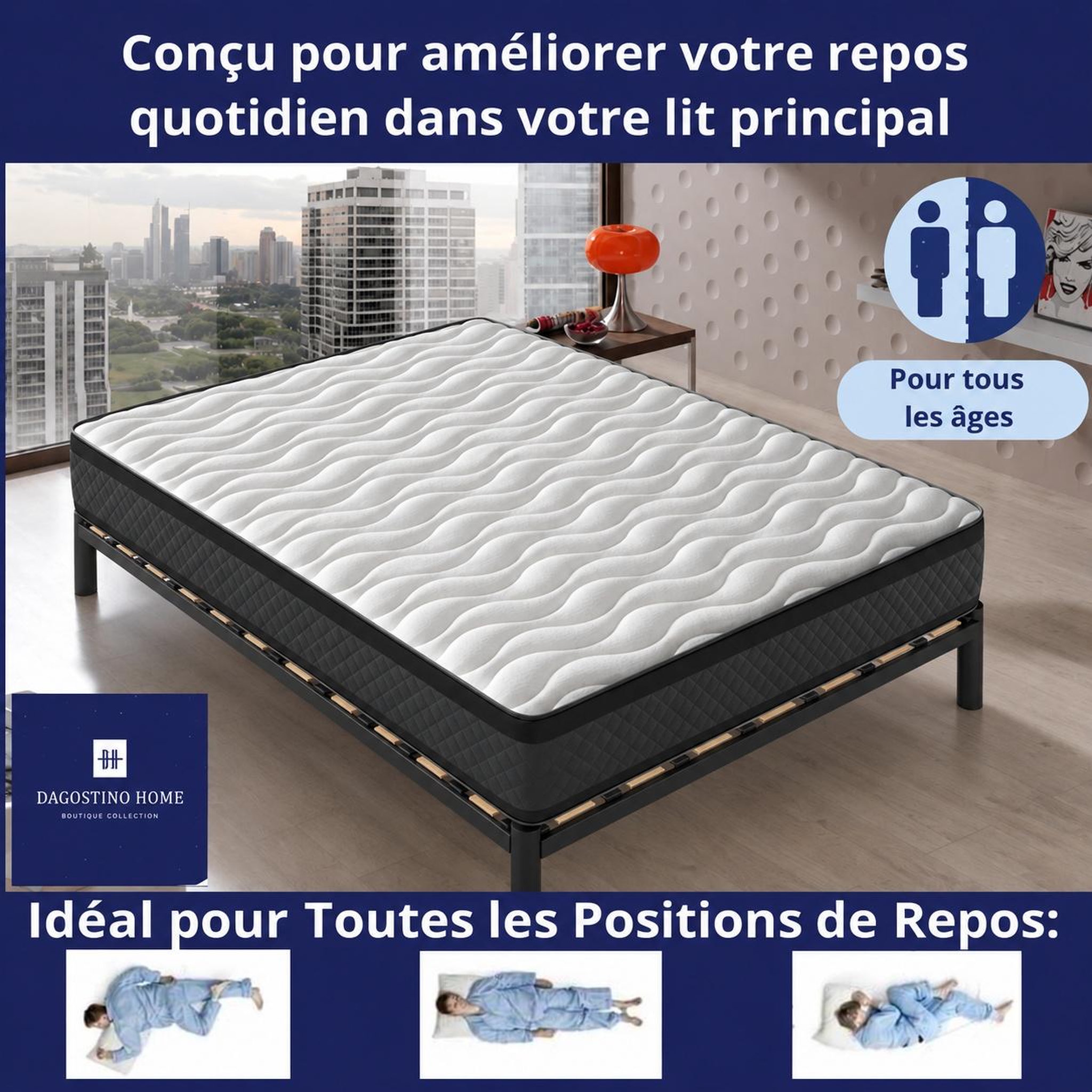 Voir la diapositive 2 : DAGOSTINO HOME Ensemble matelas mousse - h20cm + sommier kit - confortable et ferme