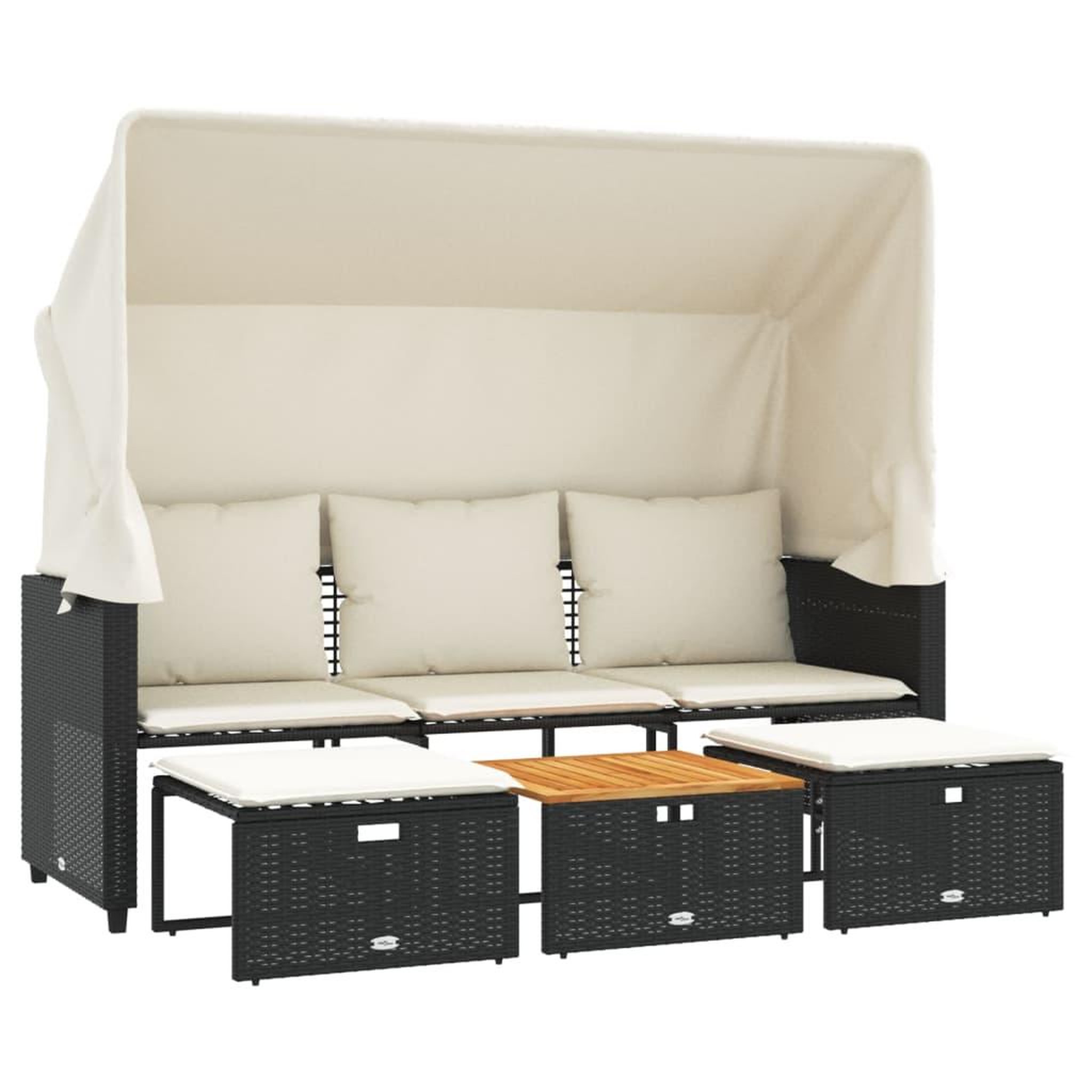 Voir la diapositive 2 : VIDAXL Canape de jardin 3 places avec auvent et tabourets noir rotin