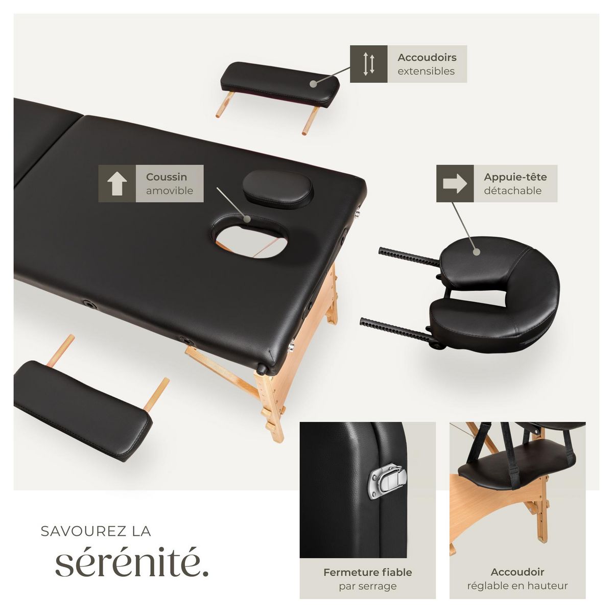 tectake Table de massage portable pliante 2 zones largeur 61 cm et rembourrage 5 cm noir