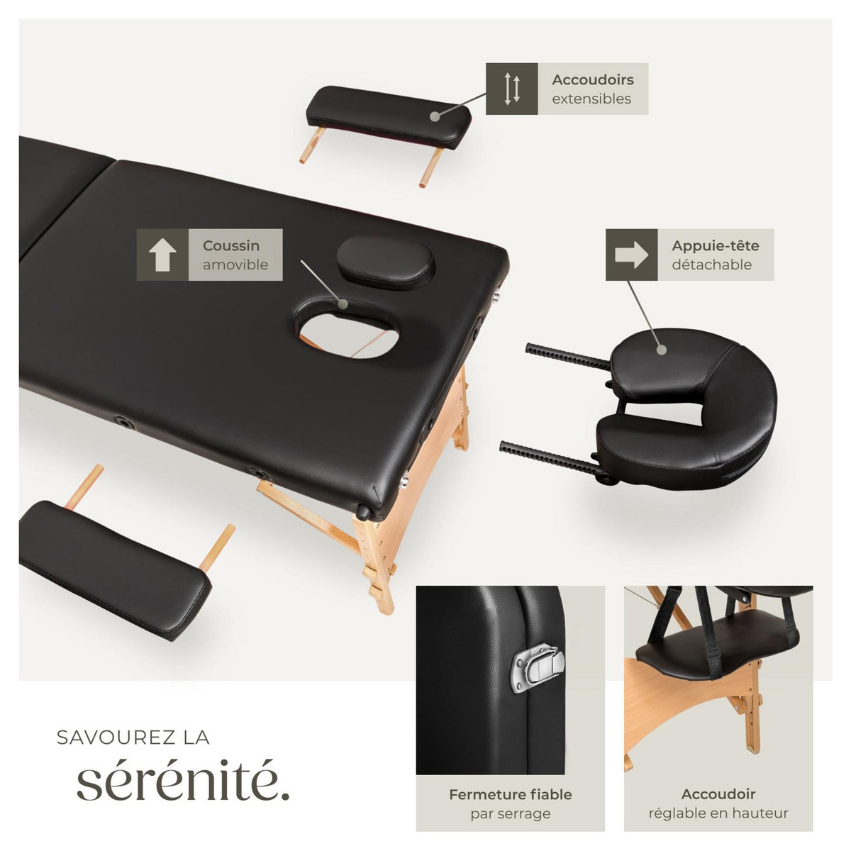 tectake Table de massage portable pliante 2 zones largeur 61 cm et rembourrage 5 cm noir