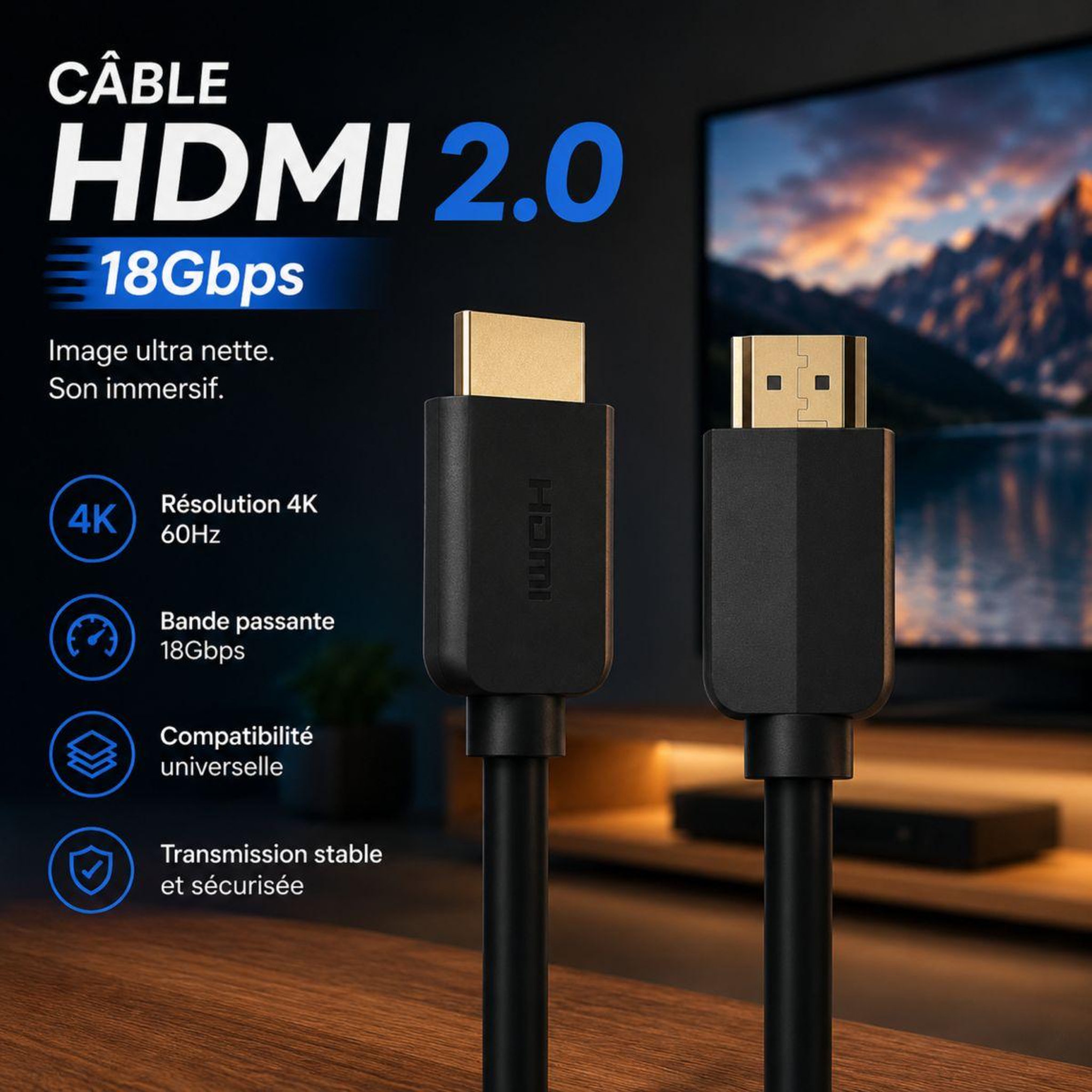 Voir la diapositive 2 : ESSENTIEL B Câble HDMI 2.0/18Gbps 3M Noir