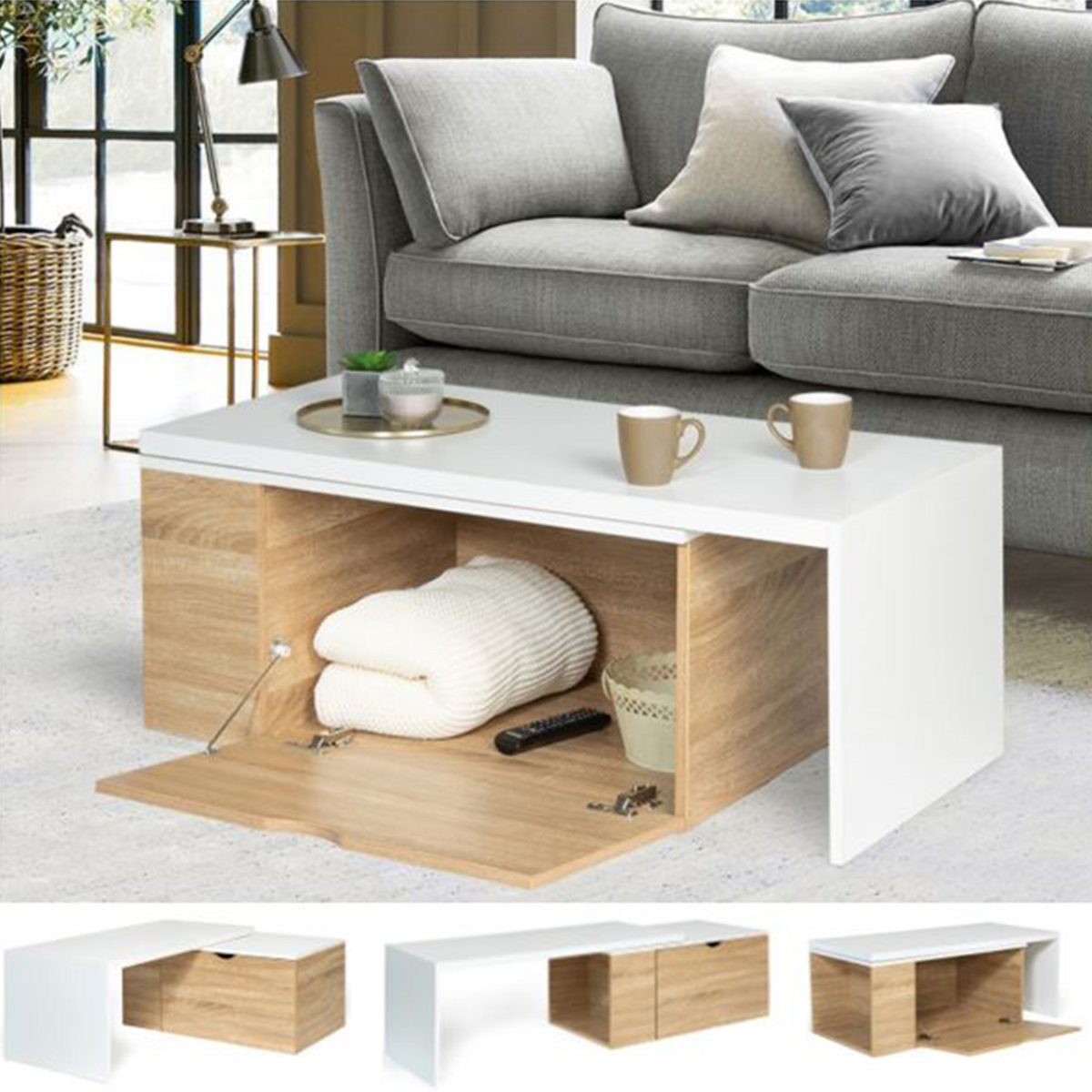 ID MARKET Table basse rotative bois et blanc 360° LIZZI extensible avec coffre