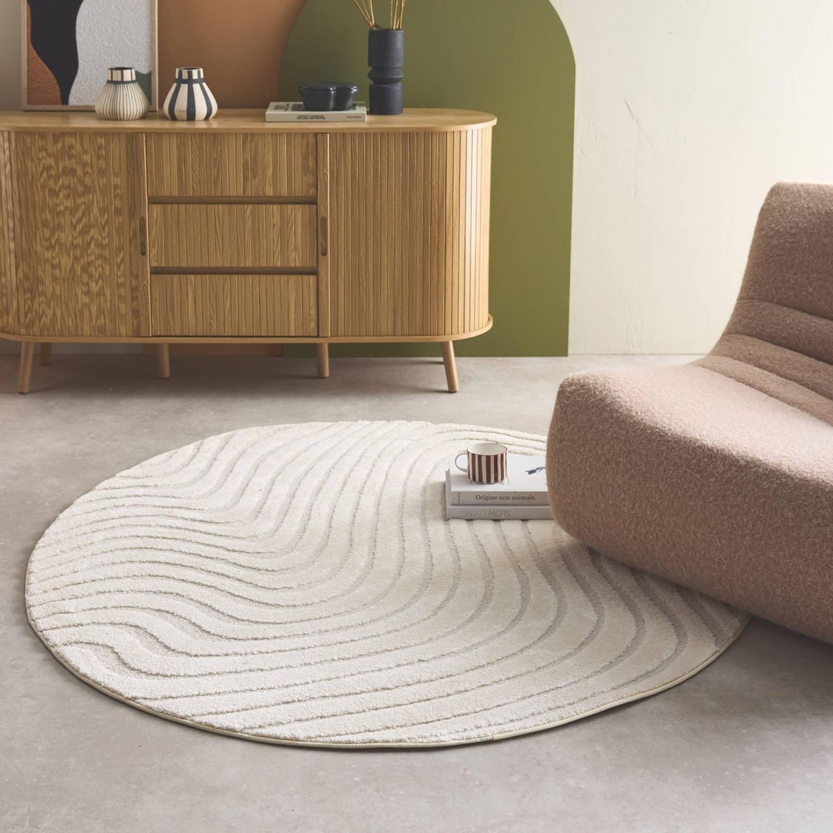 SWEEEK Tapis rond intérieur motifs ondulations en relief crème Ø160cm