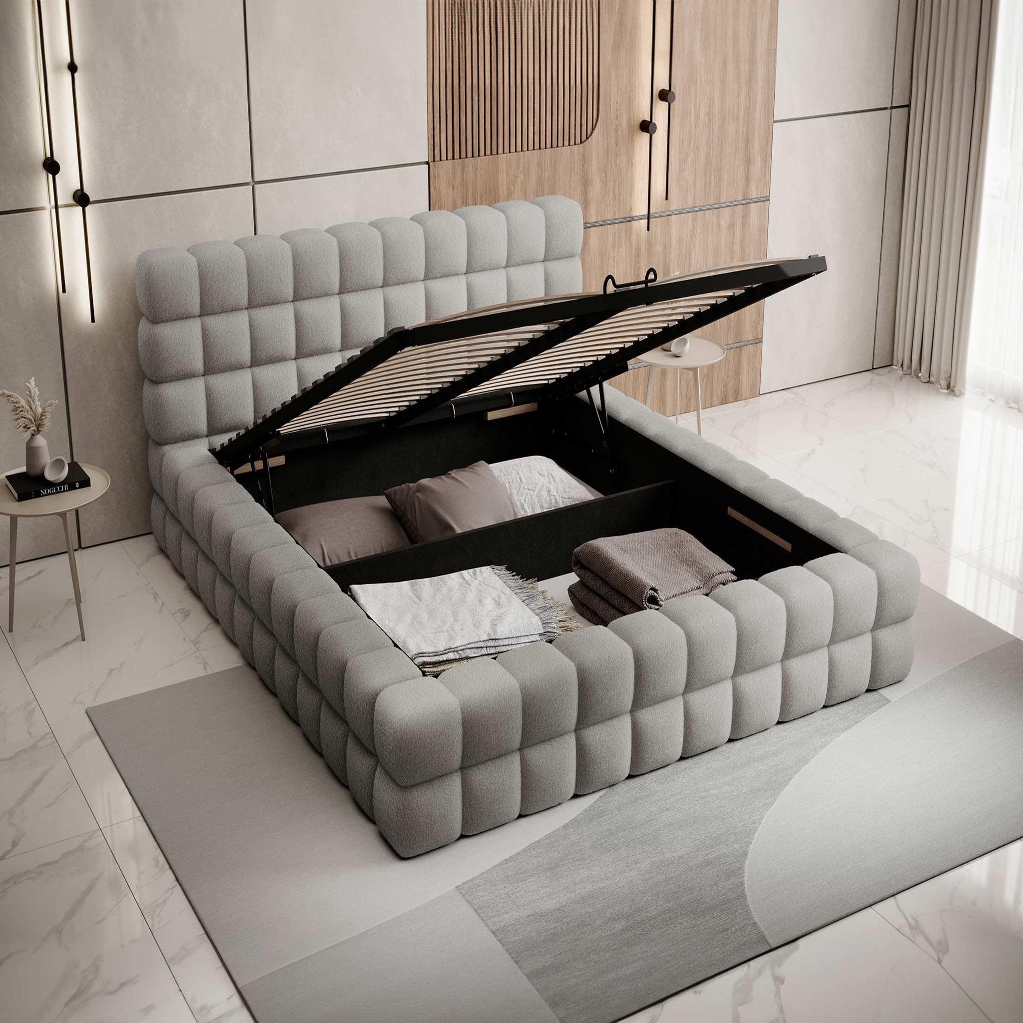 Voir la diapositive 2 : BEST MOBILIER Kingston - lit coffre - 160x200 - sommier inclus - en tissu bouclette