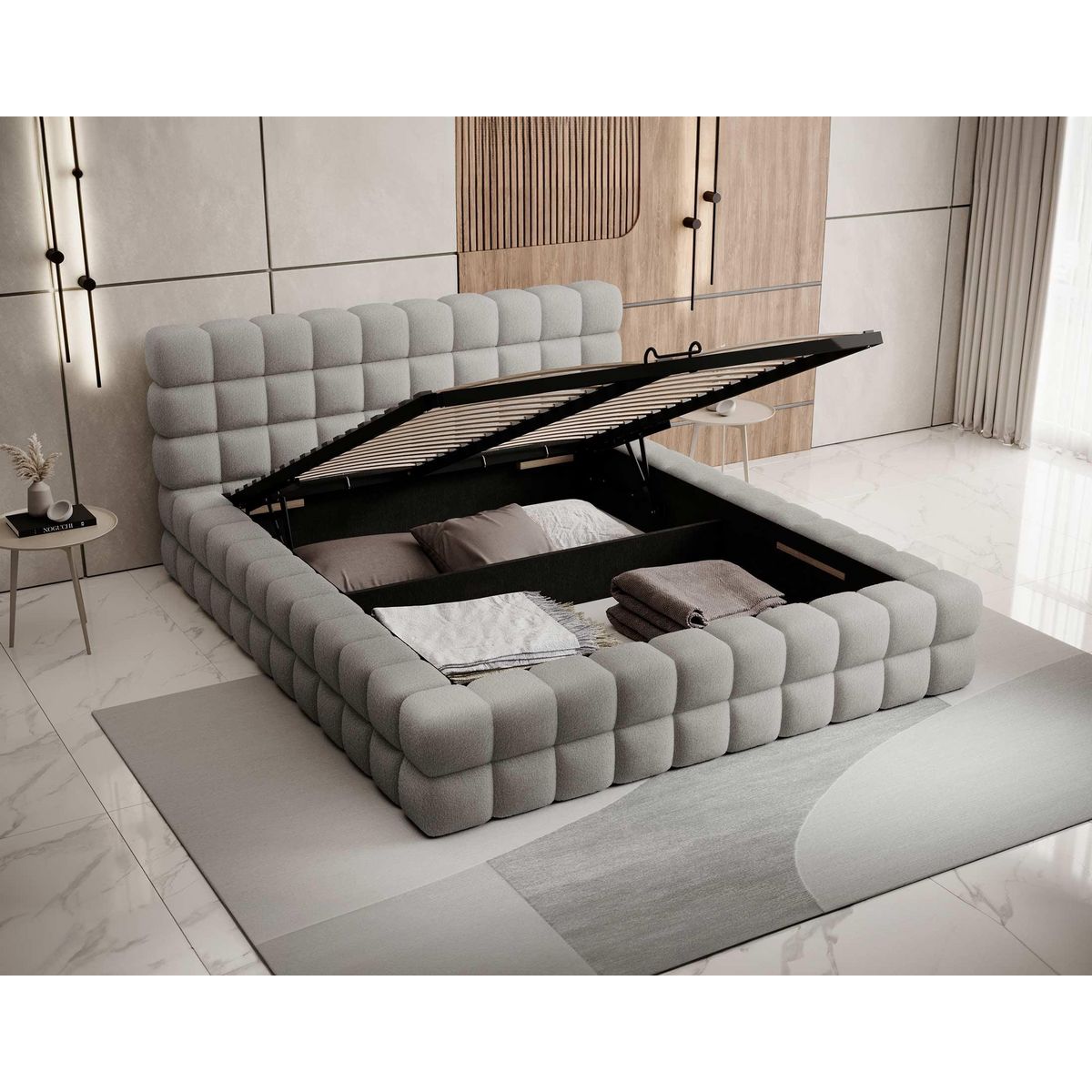 BEST MOBILIER Kingston - lit coffre - 160x200 - sommier inclus - en tissu bouclette