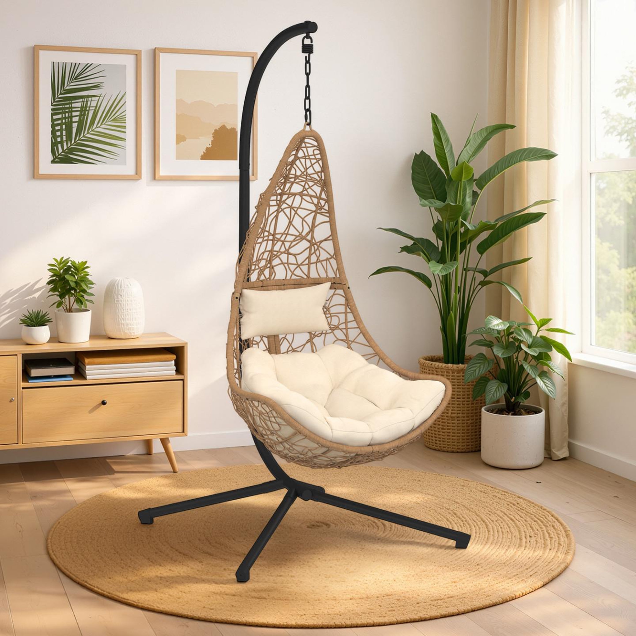Voir la diapositive 3 : ID MARKET Fauteuil demi-lune suspendu ajouré effet rotin avec coussin écru