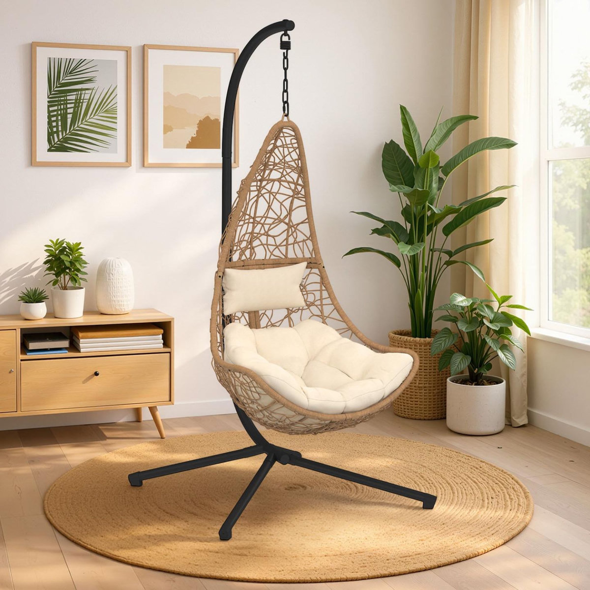 ID MARKET Fauteuil demi-lune suspendu ajouré effet rotin avec coussin écru