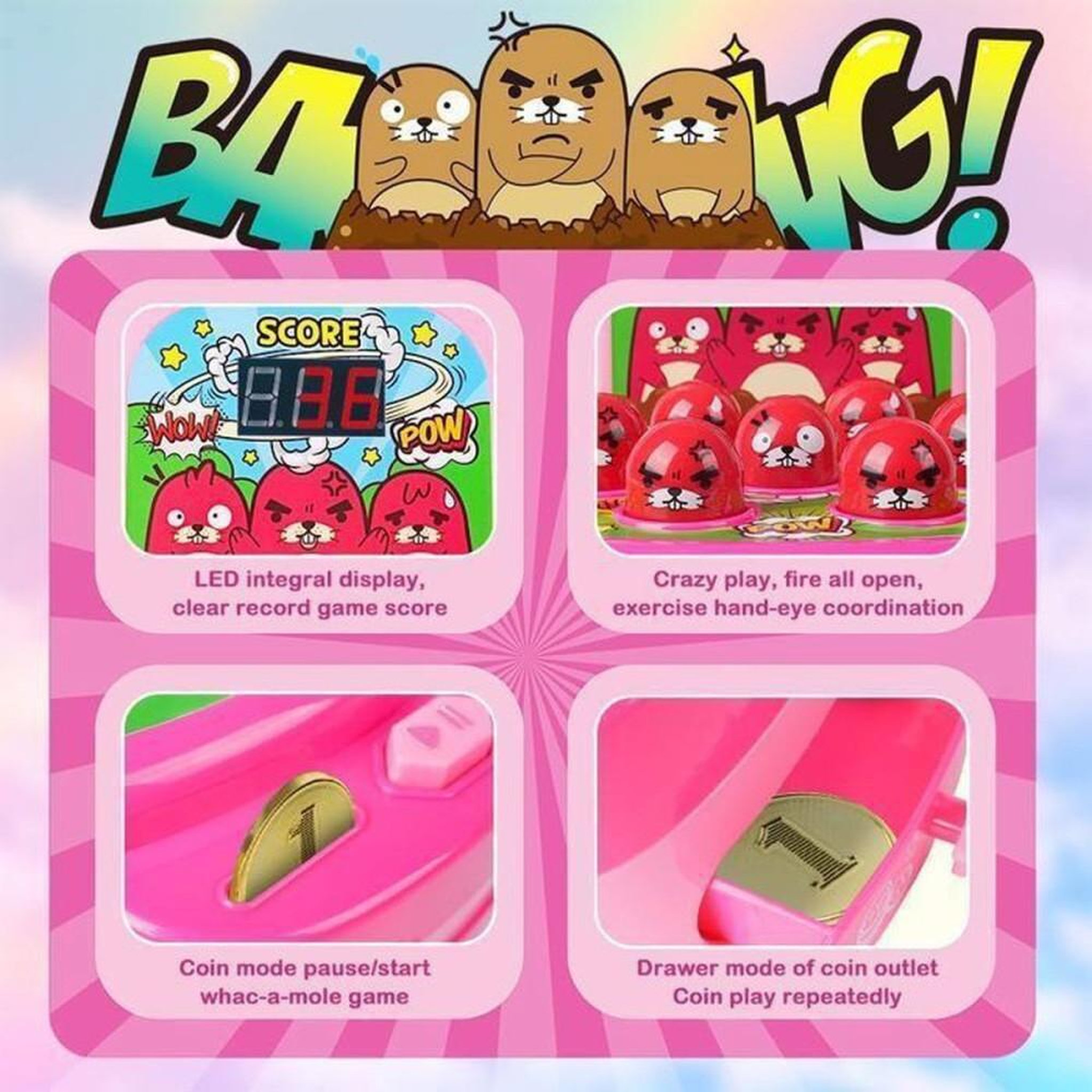 Voir la diapositive 4 : Jeu d'arcade électronique mini Whack-a-Mole, VATOS, avec 2 marteaux souples et afficheur de score