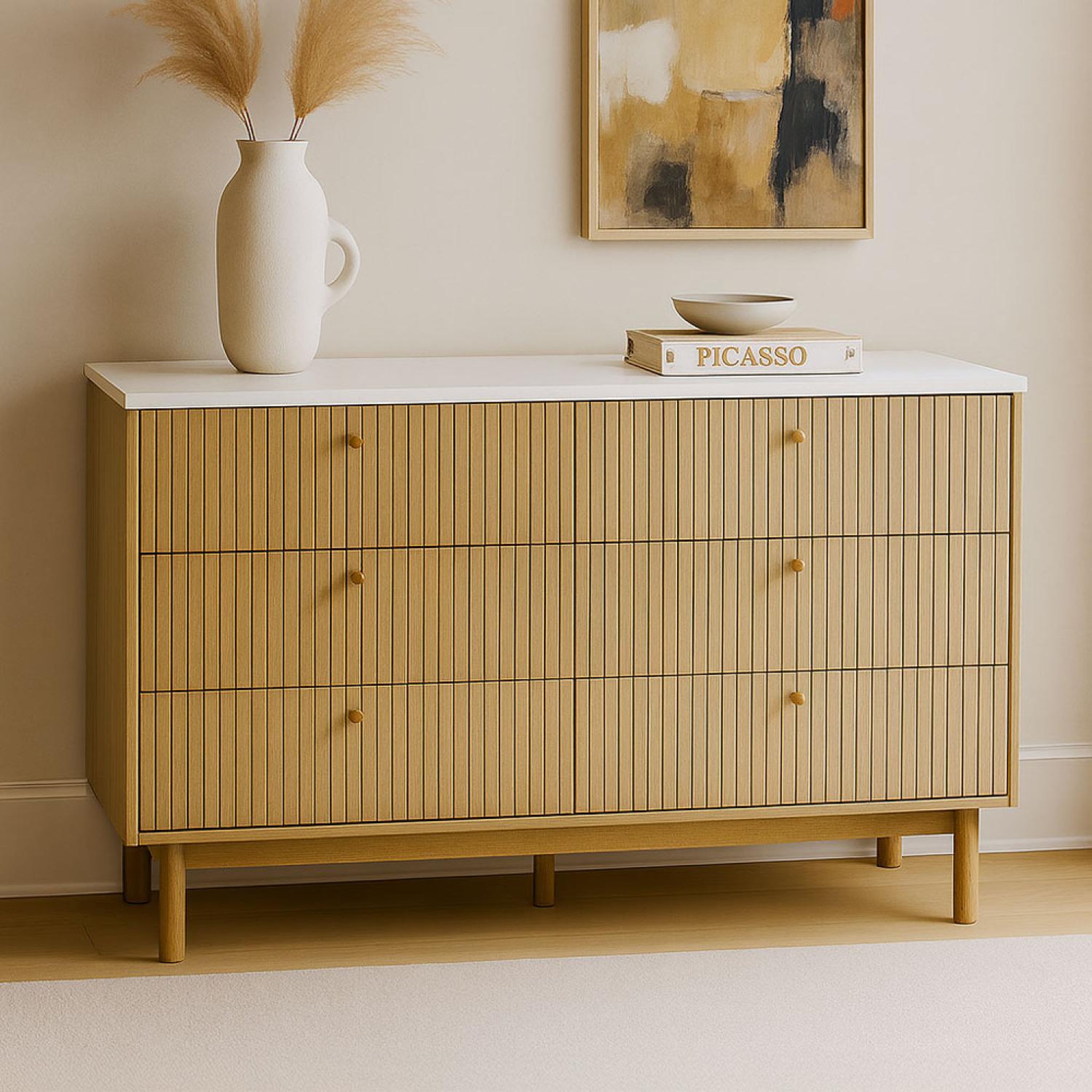 Voir la diapositive 2 : CONCEPT USINE Buffet 6 tiroirs aspect bois rainuré et blanc 120cm BROX