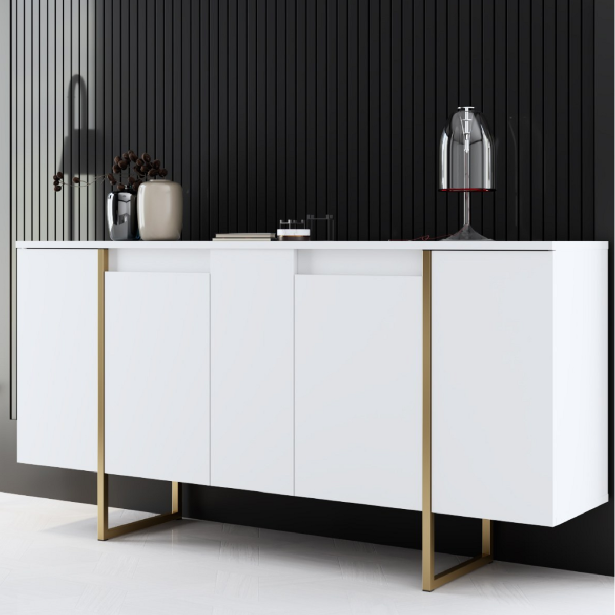 CONCEPT USINE Buffet design blanc et or 160 cm - 4 portes LUXOR