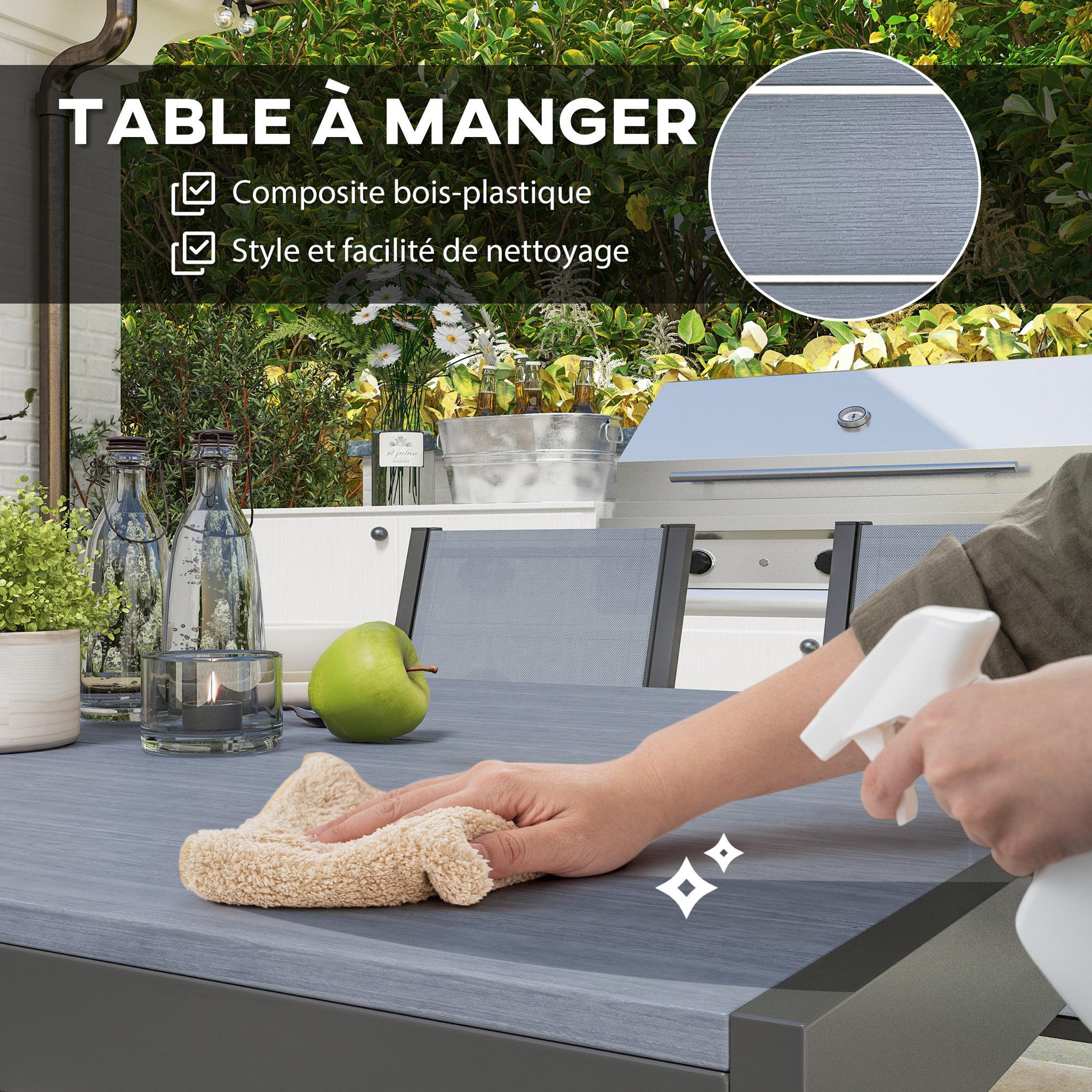 Voir la diapositive 4 : OUTSUNNY Ensemble salon de jardin repas - ensemble repas extérieur - 6 chaises empilables grande table effet bois - acier textilène gris