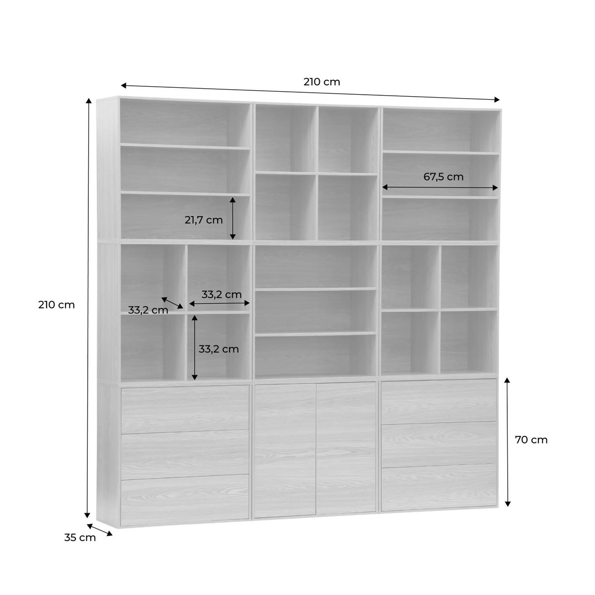SWEEEK Kit étagère. bibliothèque décor bois blanc 9 éléments 100% modulable L 210 x P 35 x H 210cm - Kompo