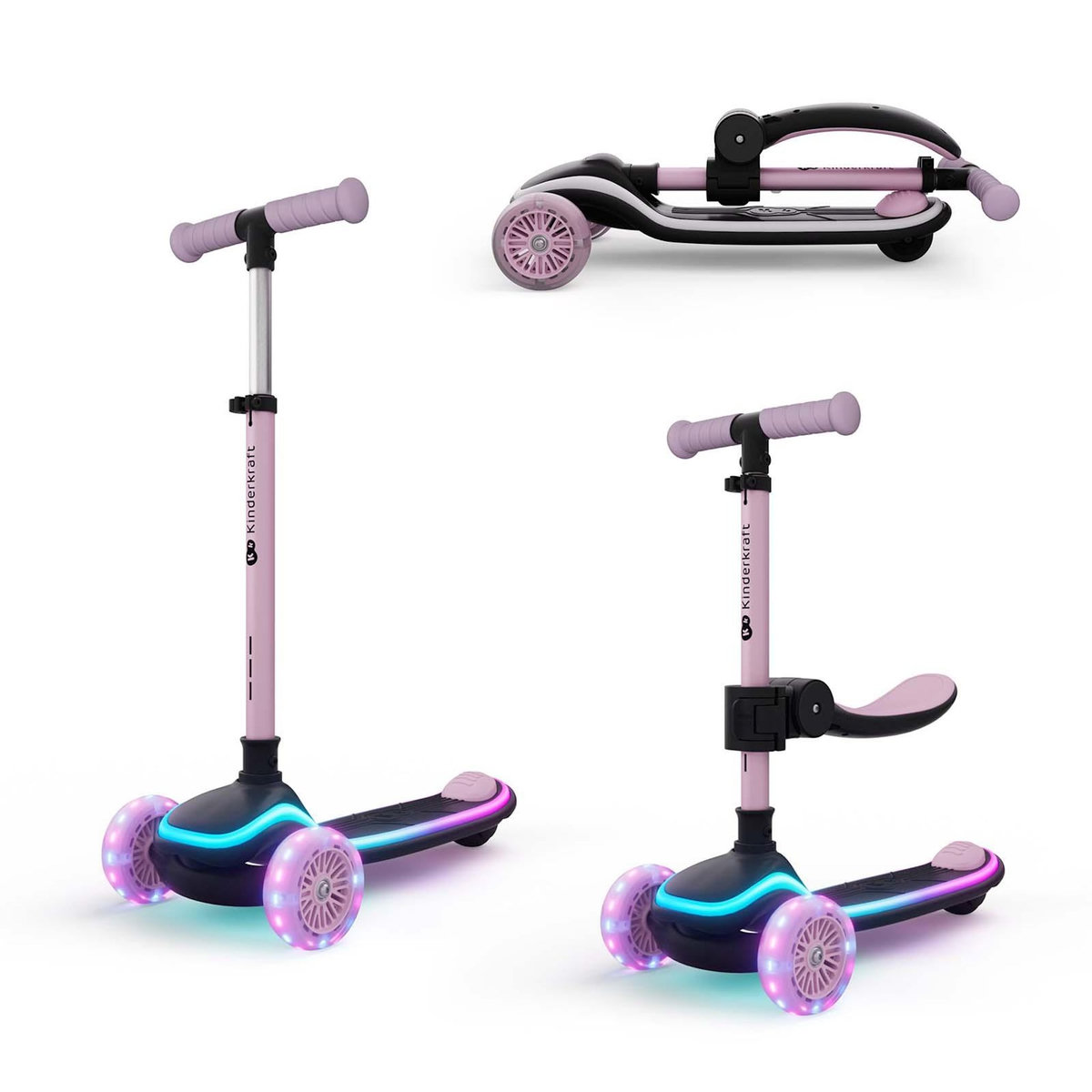 KINDERKRAFT Trottinette Kinderkraft RAKET UP 2-en-1 avec siège réglable, roues RGB LED, plateau lumineux, pliable dès bébé, Rose