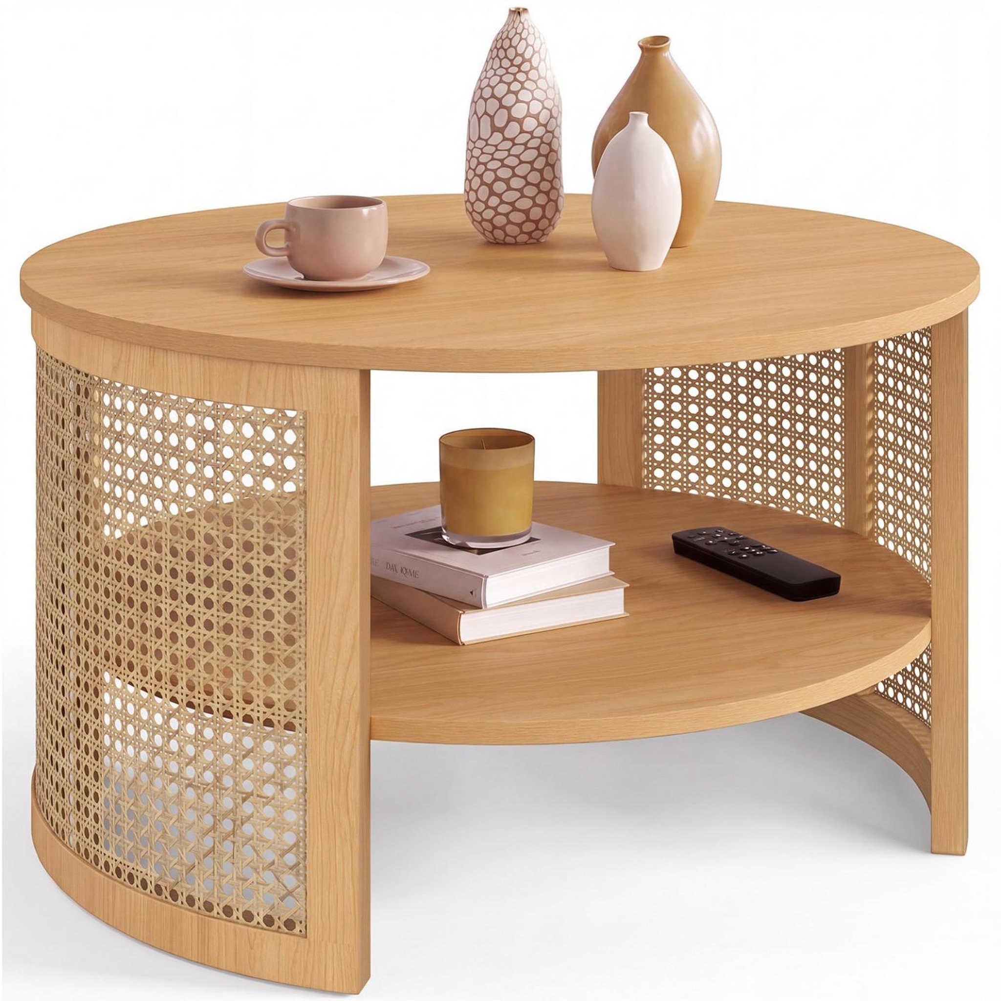 ID MARKET Table basse ronde edhen 70 cm effet cannage naturel et bois