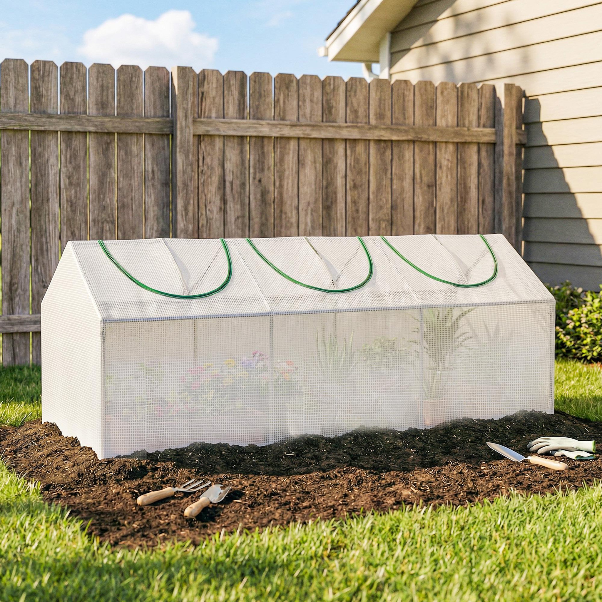 Voir la diapositive 4 : OUTSUNNY Mini serre de jardin serre à tomates 180 x 60 x 60 cm 3 fenêtres zippées enroulables acier thermolaqué pe haute densité blanc