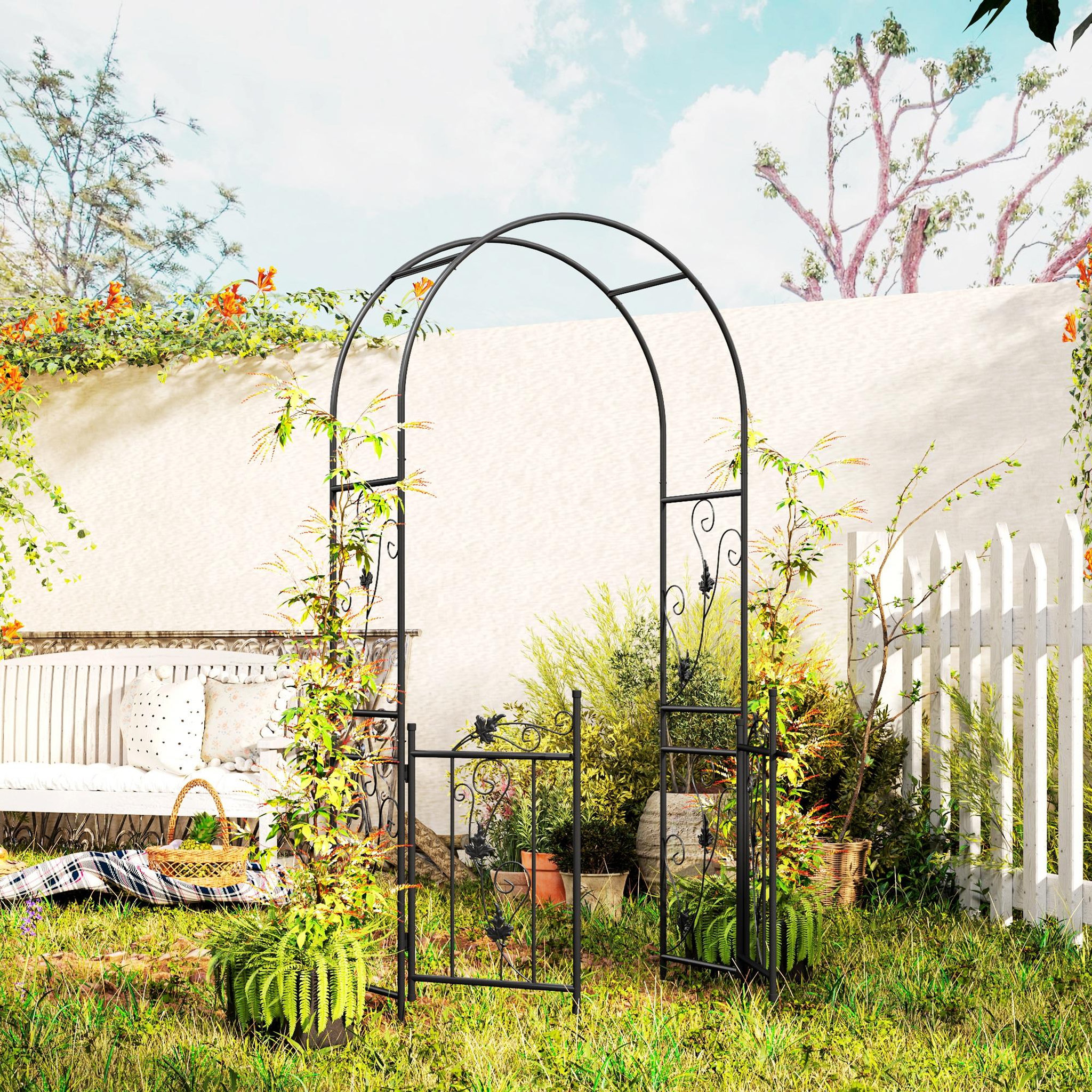 Voir la diapositive 2 : OUTSUNNY Arche de jardin avec portillon treillis style fer forgé feuilles vigne acier thermolaqué noir