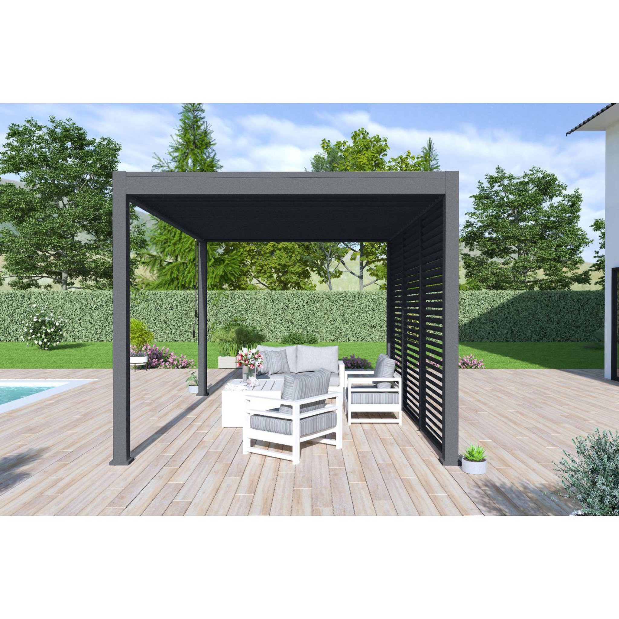Voir la diapositive 9 : OMBREA Pergola Bioclimatique autoportée 3X4 m - Aluminium - Anthracite - VS OMBREA®