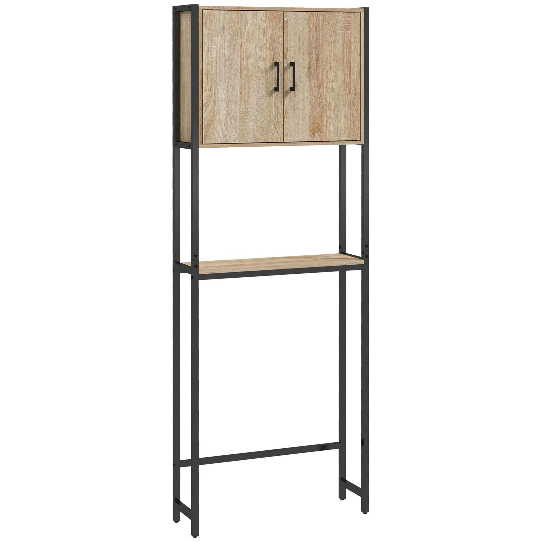 Voir la diapositive 1 : KLEANKIN Meuble WC meuble dessus toilettes style industriel 2 portes 2 étagères acier noir aspect chêne clair