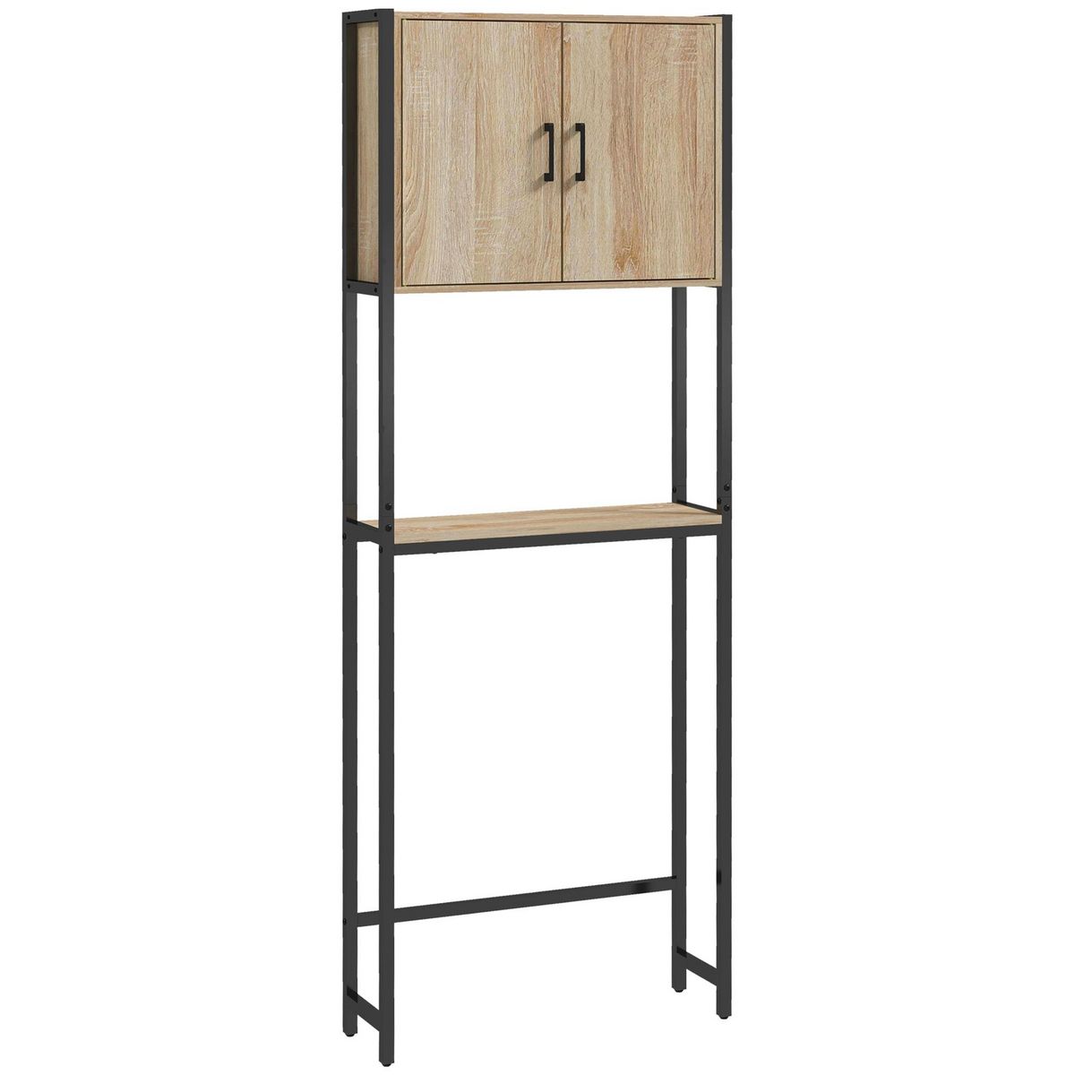 KLEANKIN Meuble WC meuble dessus toilettes style industriel 2 portes 2 étagères acier noir aspect chêne clair