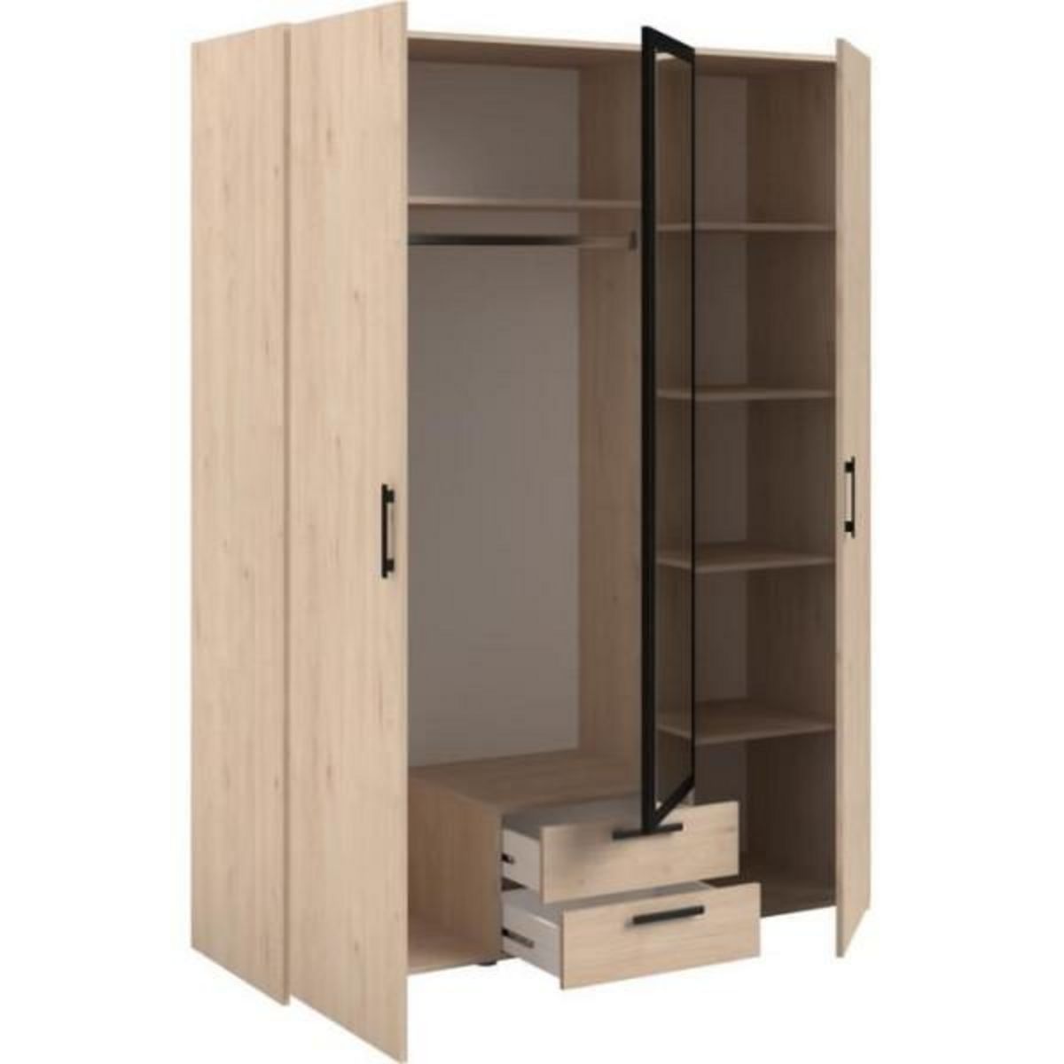 PARISOT Armoire VARIA - Décor chene et noir - 3 portes battantes + 2 tiroirs + 1 miroir - L 150 x H 200 x P 51 cm