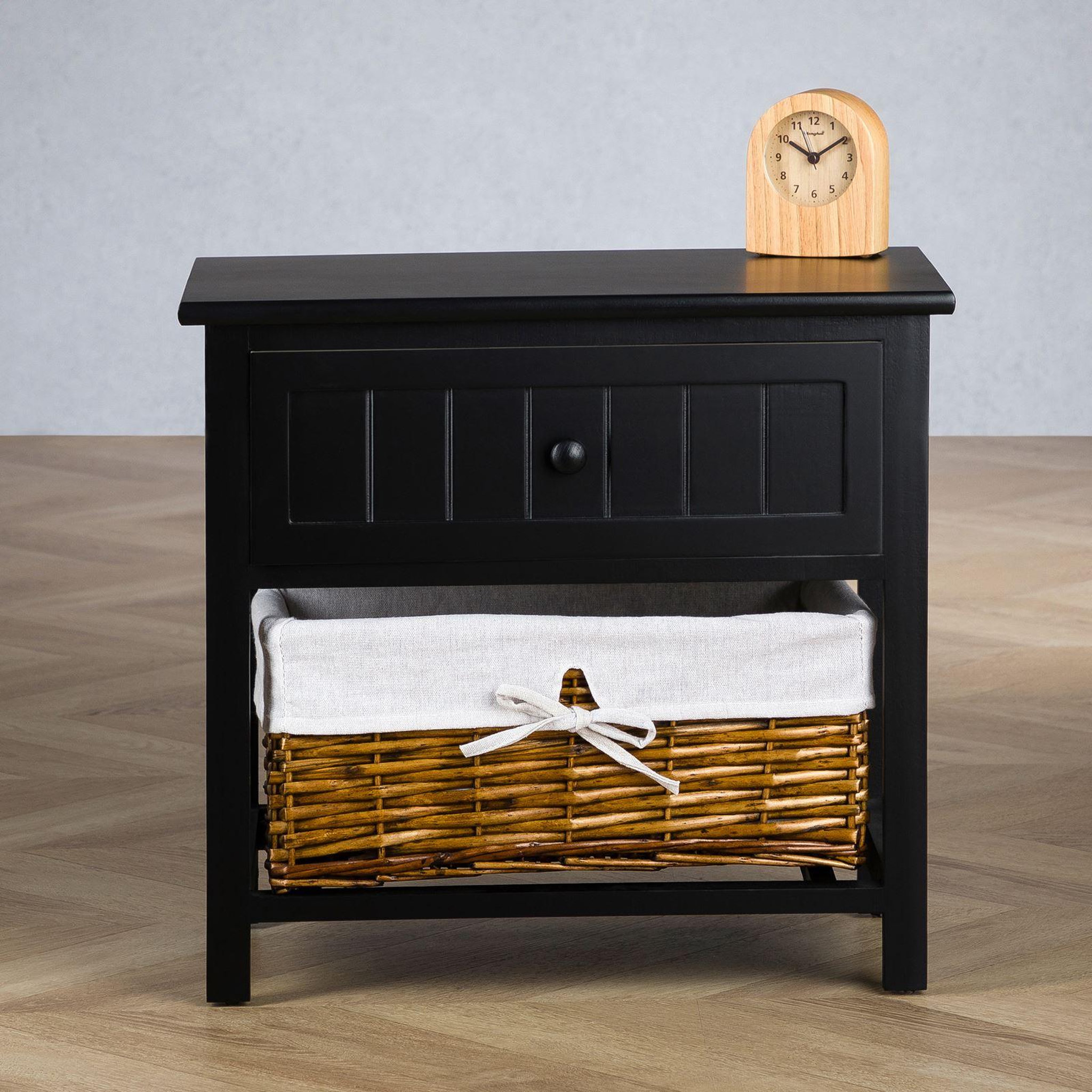 Voir la diapositive 3 : IDIMEX Table de chevet AKURE avec 1 tiroir et 1 panier en bois