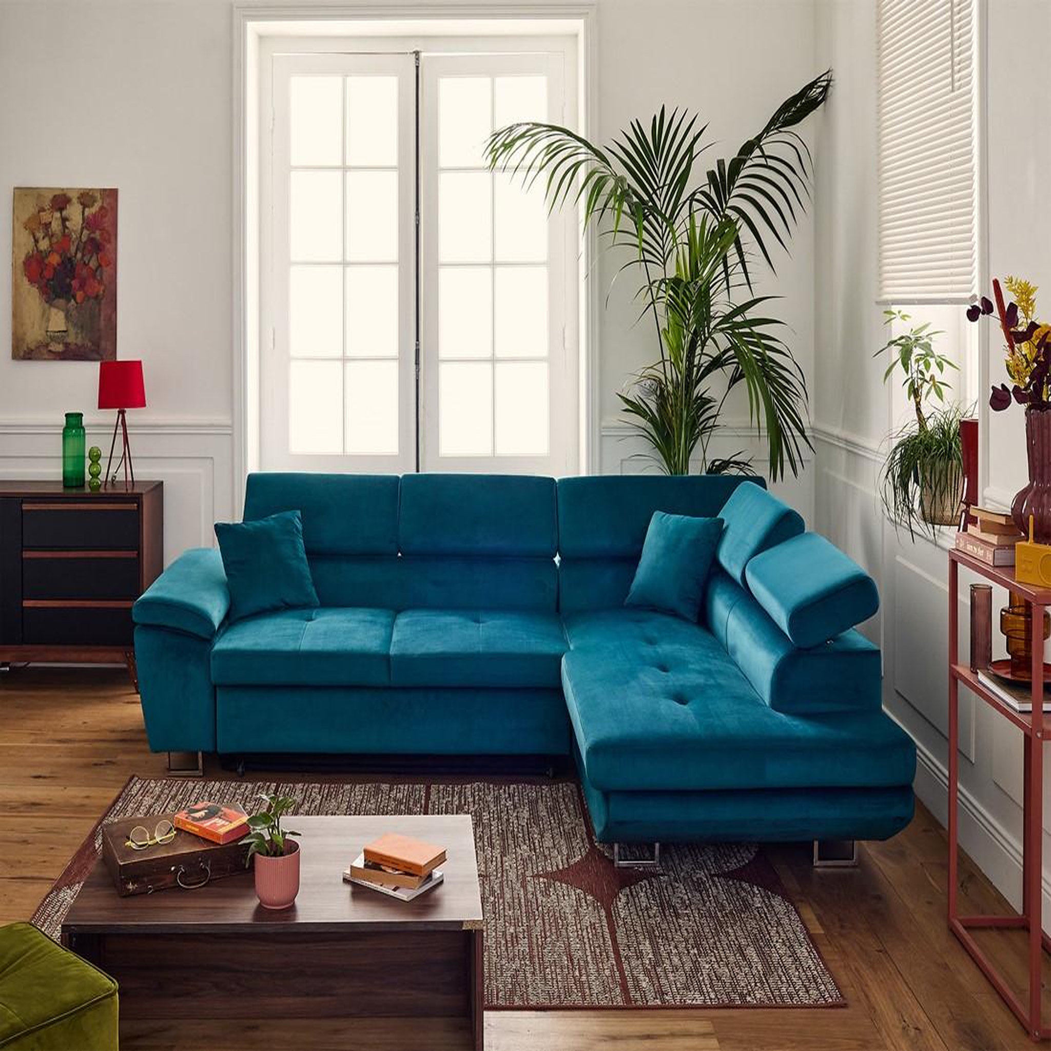 BEST MOBILIER Dimas - canapé d'angle droit 5 places - convertible avec coffre et têtières réglables - en velours. Coloris disponibles : Bleu, Vert, Noir