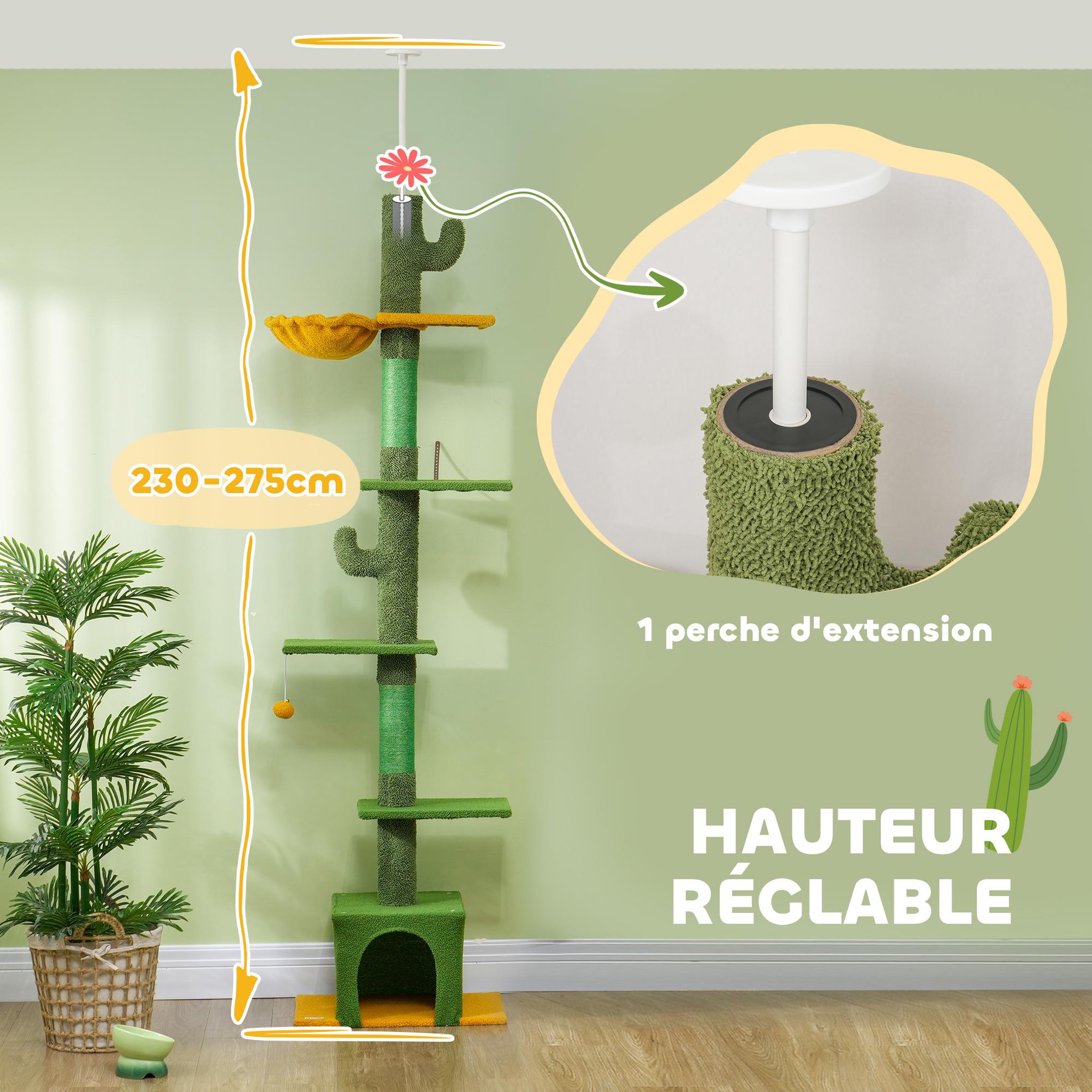 Voir la diapositive 4 : PAWHUT Arbre à chat cactus du sol au plafond - h. Réglable 230-275 cm - 6 niv. Équipement multiple - vert