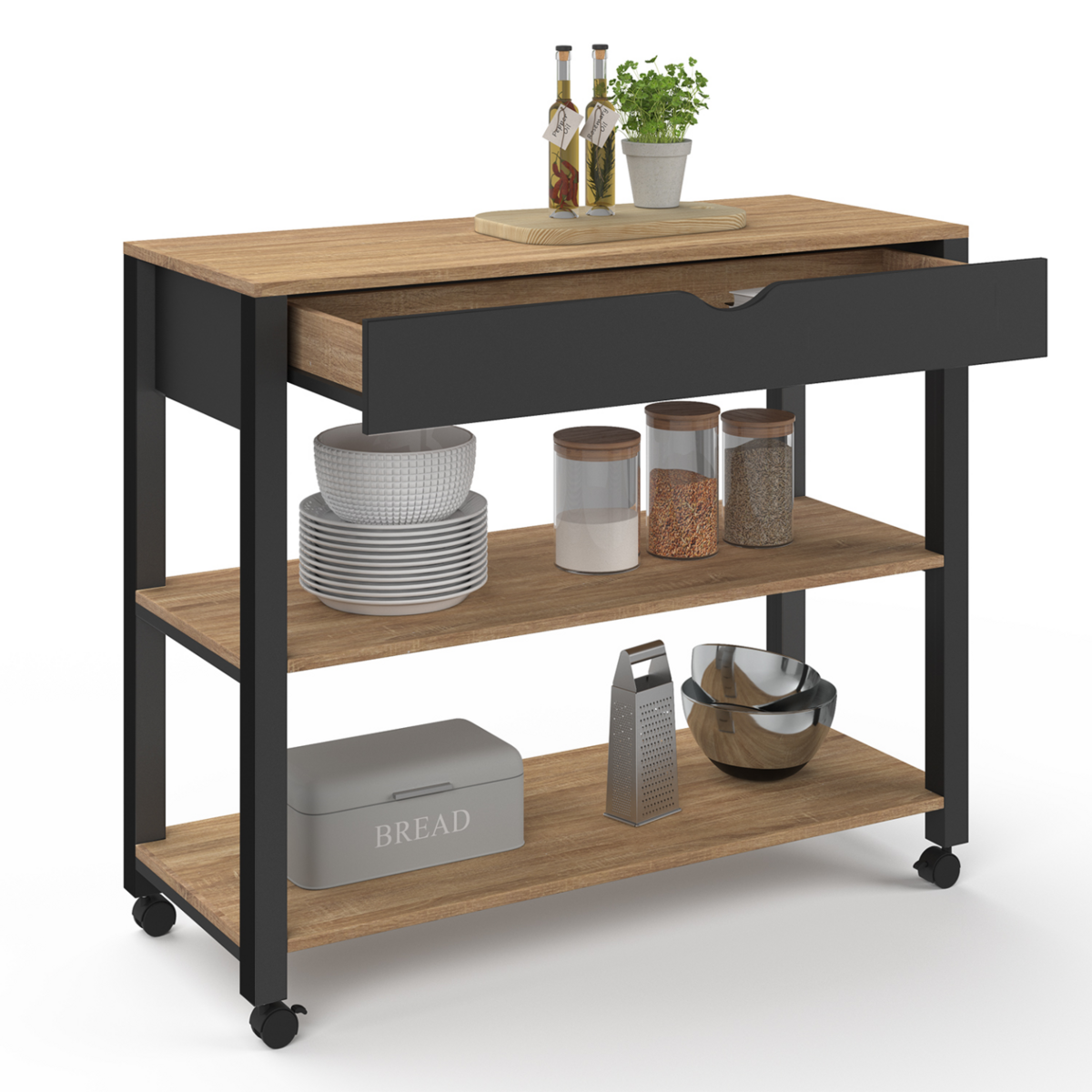 ID MARKET Desserte de cuisine PENH XXL avec tiroir et plan de travail noir plateaux façon hêtre L.100 CM