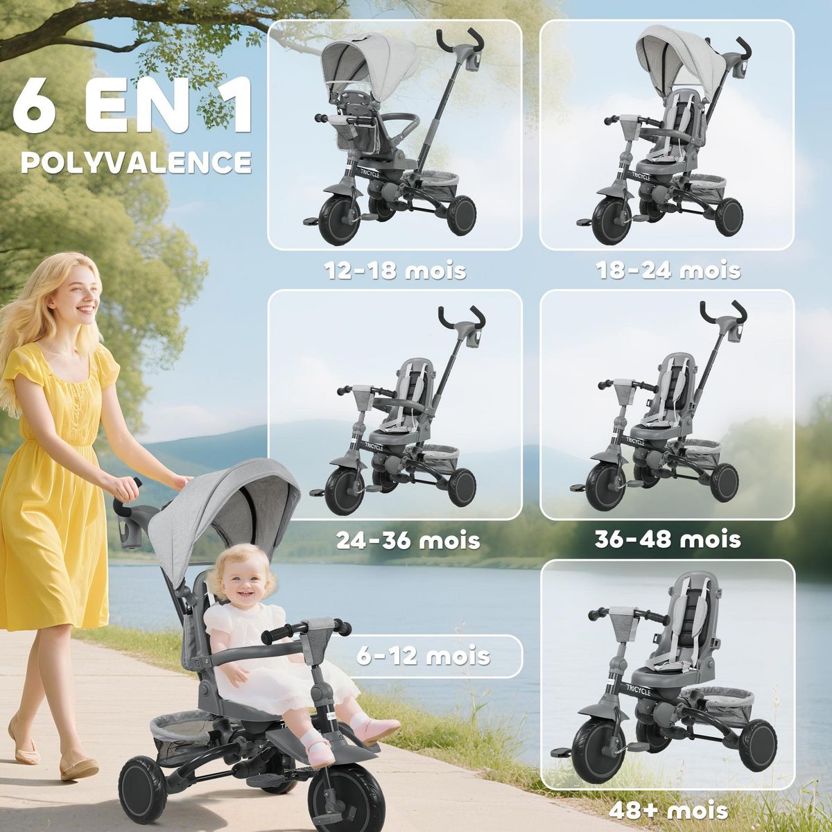HOMCOM Tricycle évolutif pliable réglable 6 en 1 gris
