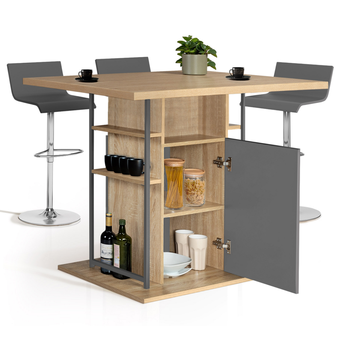 ID MARKET Ilot central UGO 110 cm bois gris et imitation hêtre avec rangements design industriel