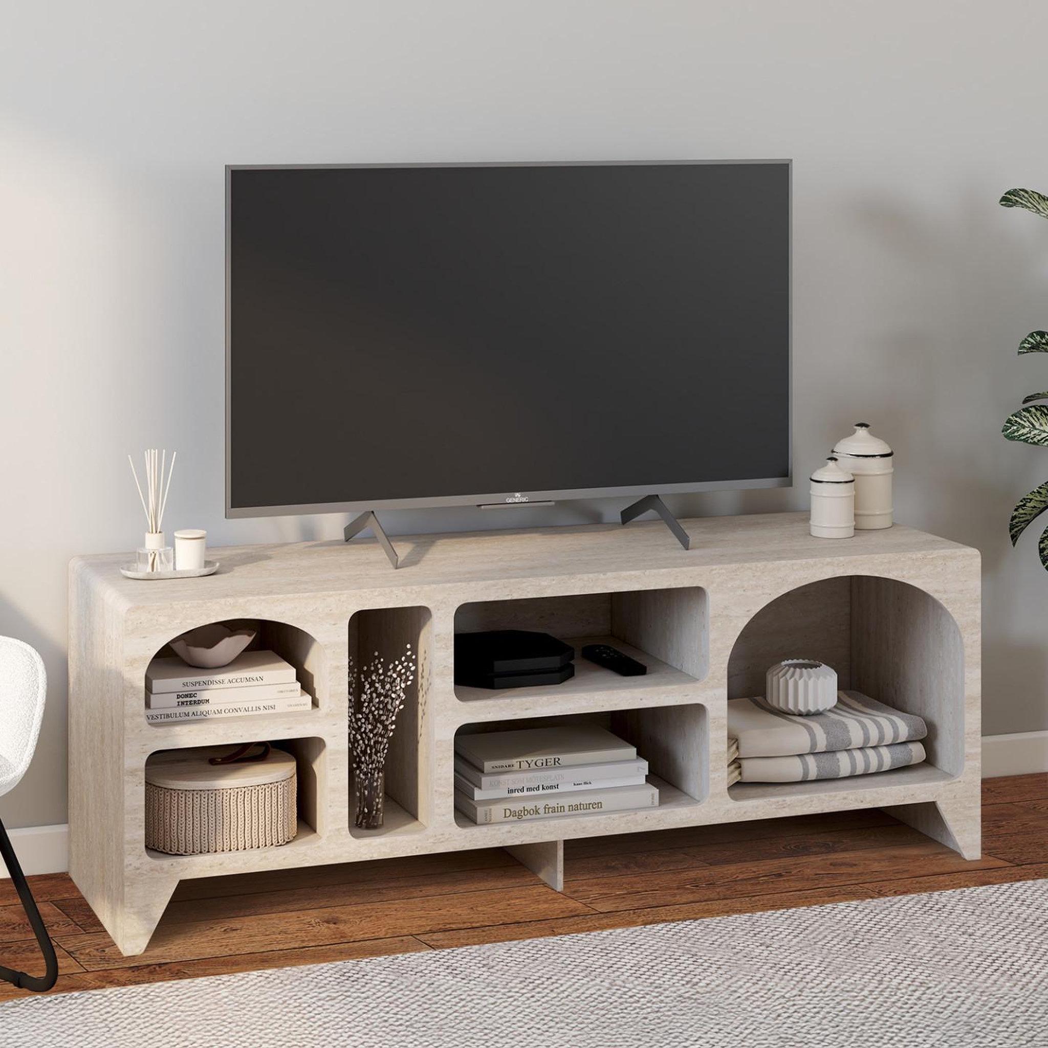 Voir la diapositive 2 : ID MARKET Meuble TV 140 cm organique ALESIA 6 niches bois effet travertin