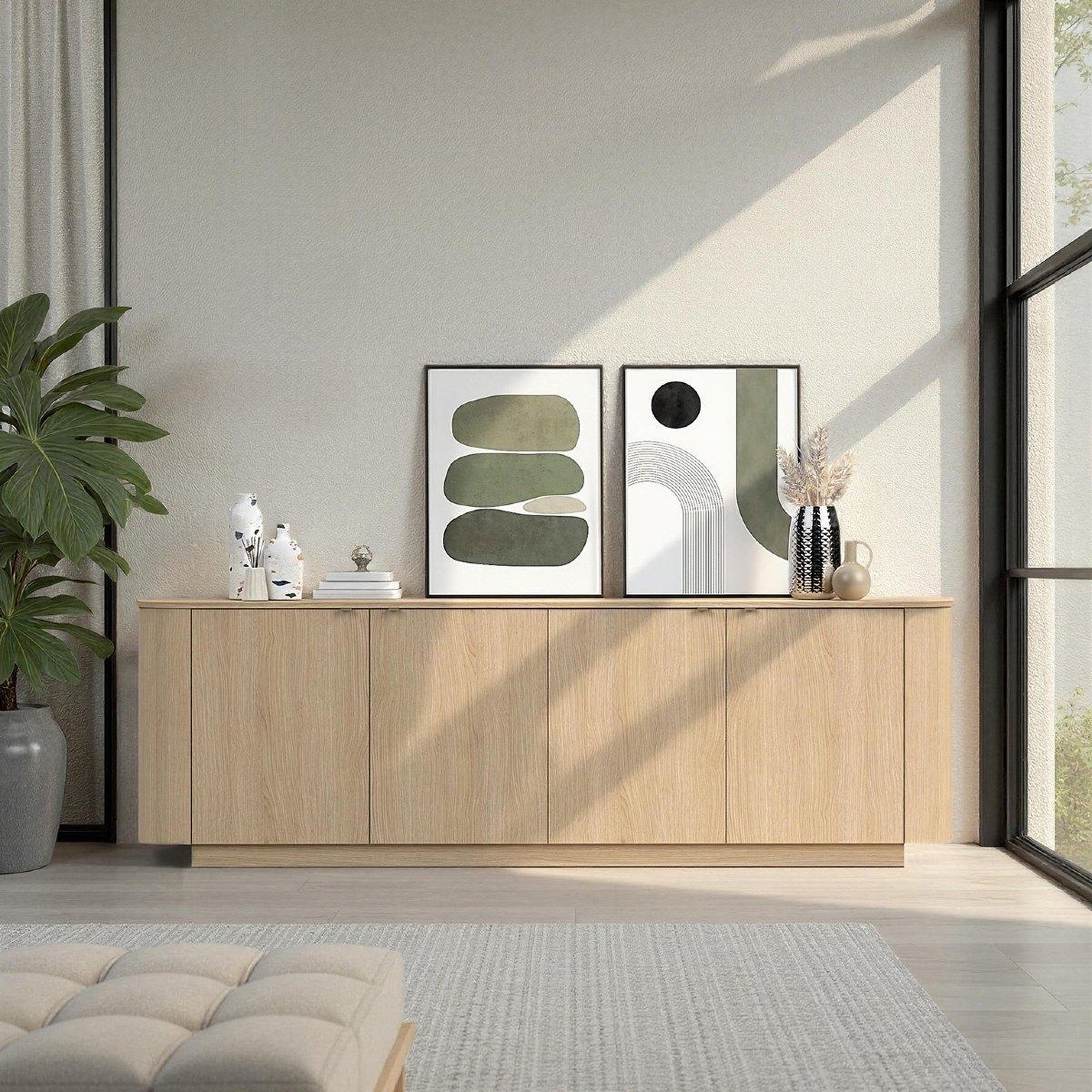 Voir la diapositive 3 : JLC KREATION Buffet bas contemporain 4 portes coloris chêne 230cm tika
