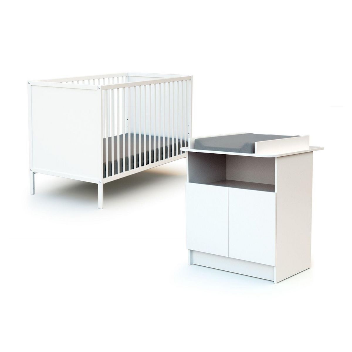 Ensemble lit bébé 60x120 cm + commode à langer 2 portes Blanc