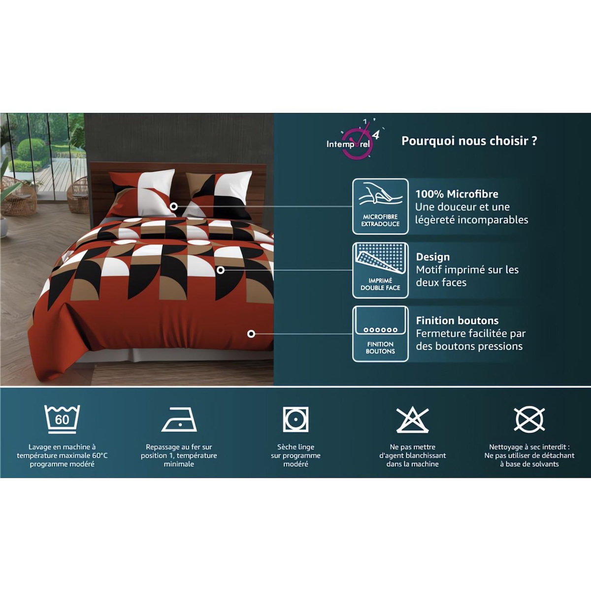 Intemporel Parure housse de couette 140x200 cm en microfibre ANANAS gris, par Soleil d'Ocre