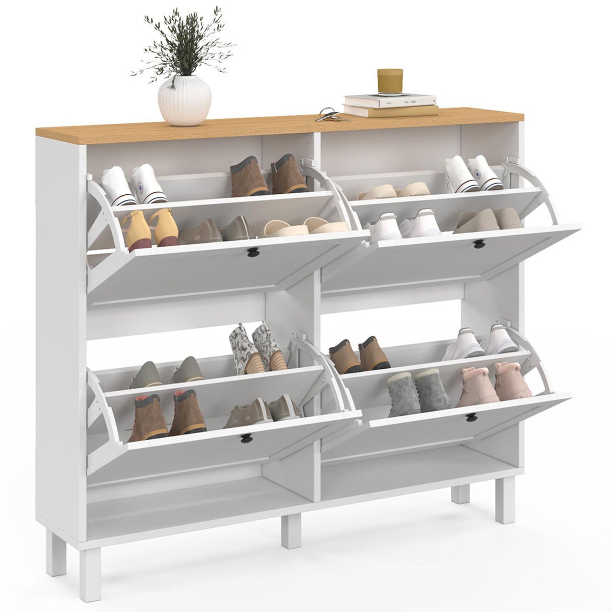 ID MARKET Meuble à chaussures 20 paires ACHILLE 4 portes blanc et plateau bois
