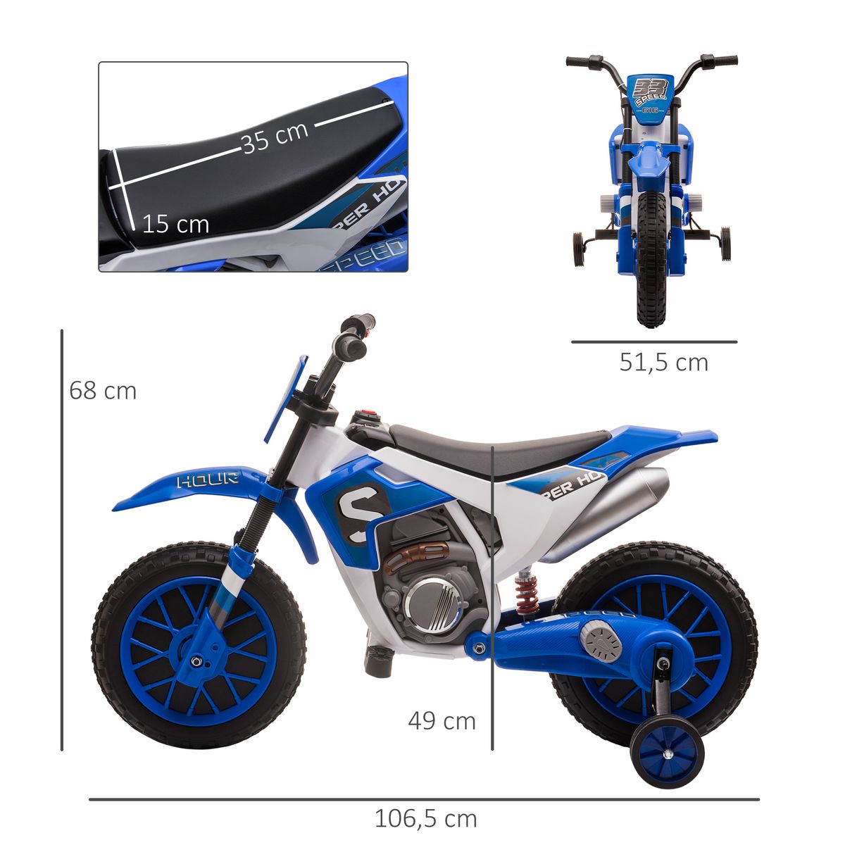 HOMCOM Moto cross électrique enfant 3 à 5 ans 12 V 3-8 Km/h  avec roulettes latérales amovibles dim. 106,5L x 51,5l x 68H cm bleu