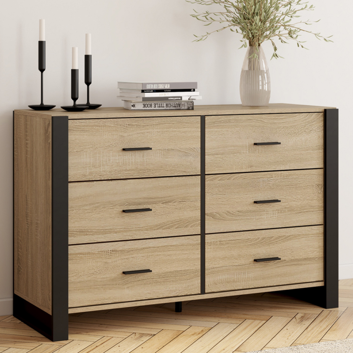 ID MARKET Commode 6 tiroirs ONYX 115 cm bois et noir