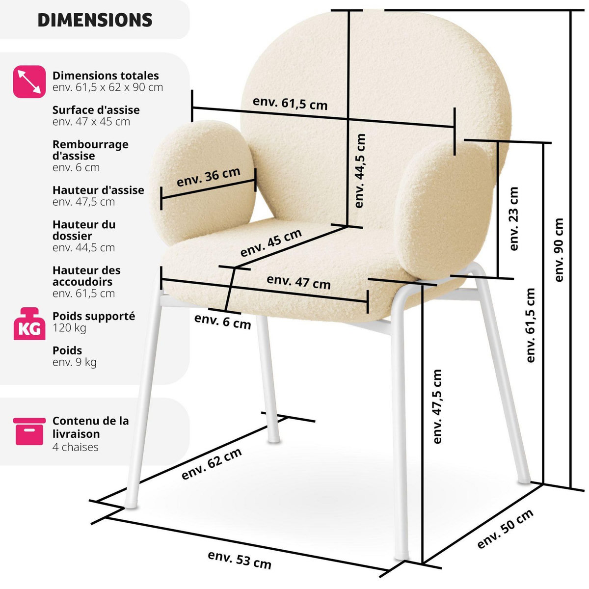 tectake Chaise rembourrée avec revêtement en tissu bouclette crème Lot de 4