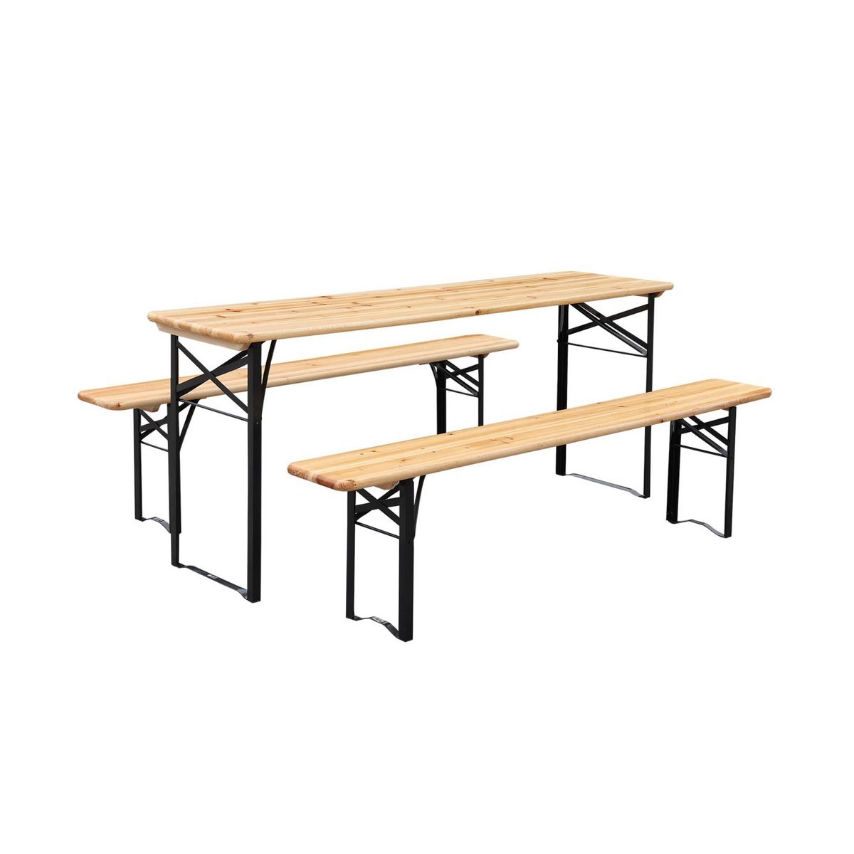 SWEEEK Lot de 2 tables de réception pliantes bois de sapin 2 bancs naturel Bayonne esprit brasserie 12 places