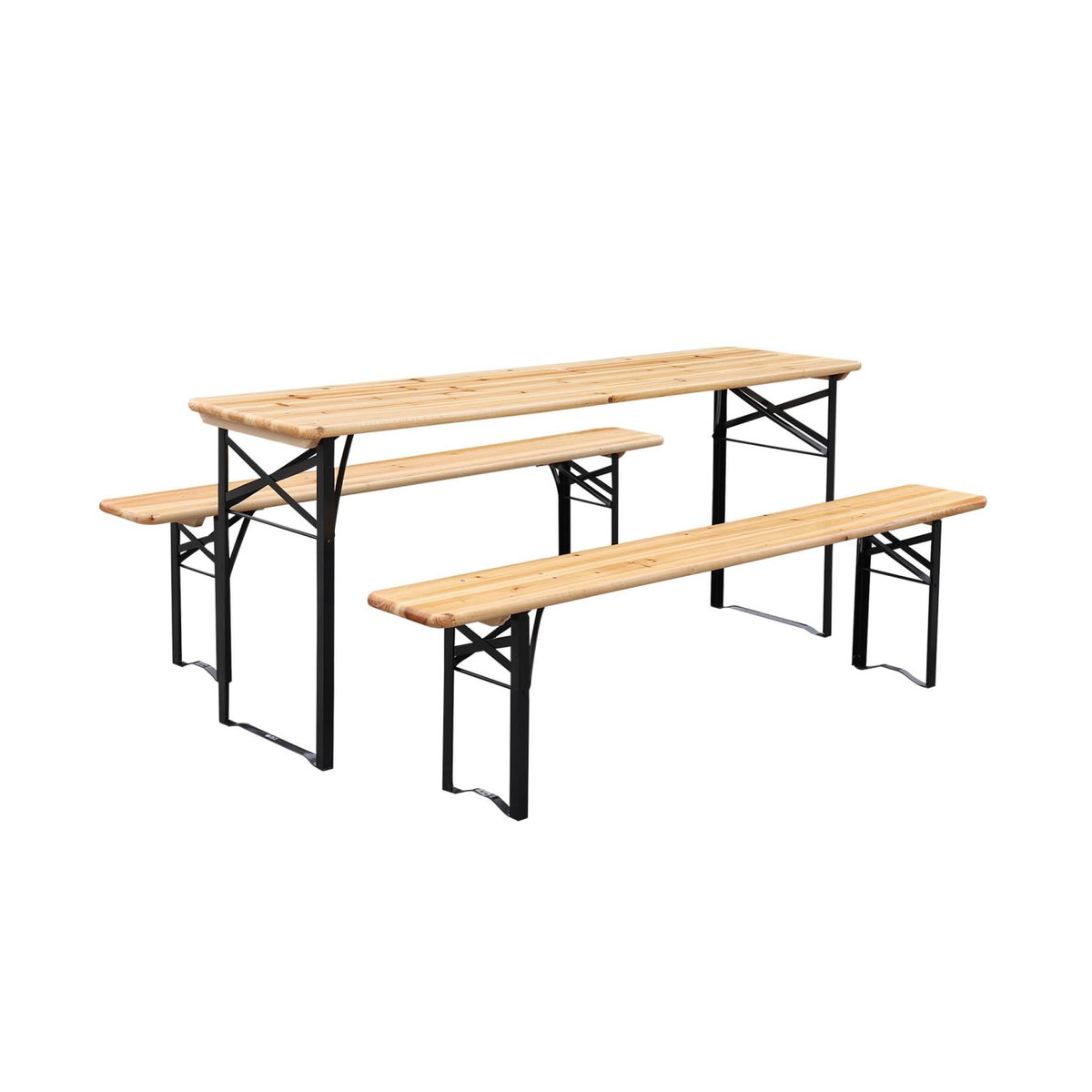 SWEEEK Lot de 2 tables de réception pliantes bois de sapin 2 bancs naturel Bayonne esprit brasserie 12 places